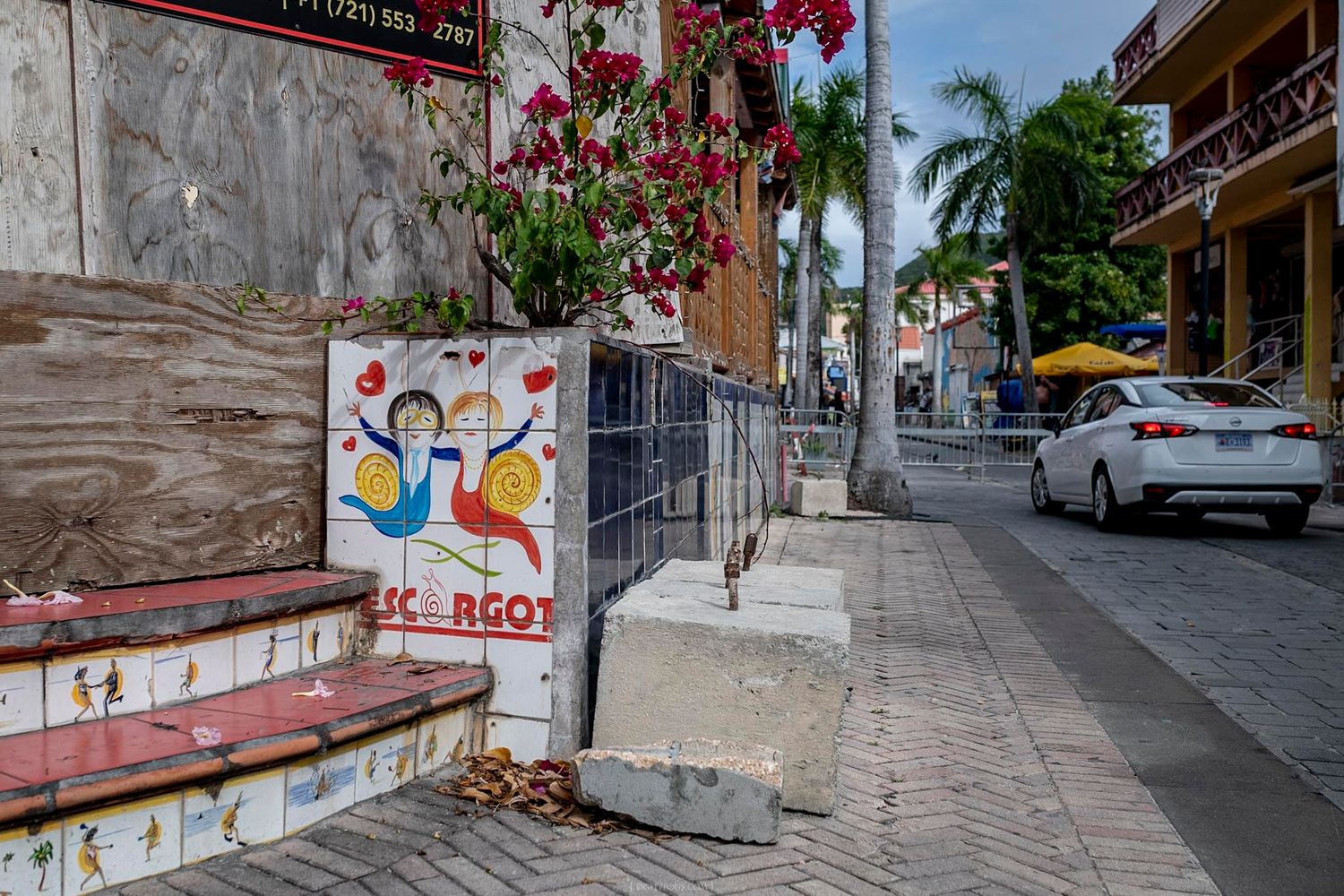 Colorful tiled street corner with floral mural and blooming bougainvillea on a sunny tropical sidewalk.