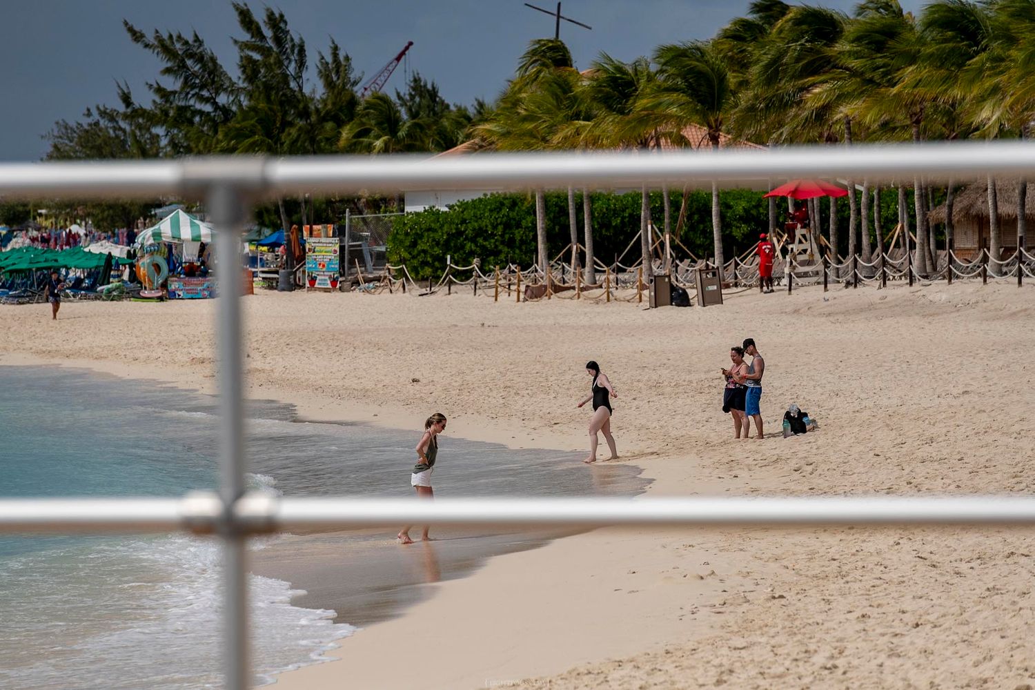 Small group of beachgoers walking on a tropical sandy beach with palm trees and a fence in the foreground.