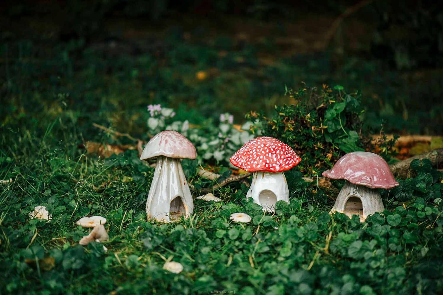 Three decorative ceramic mushroom houses with red and white spotted caps sit among green clover and grass in a garden.