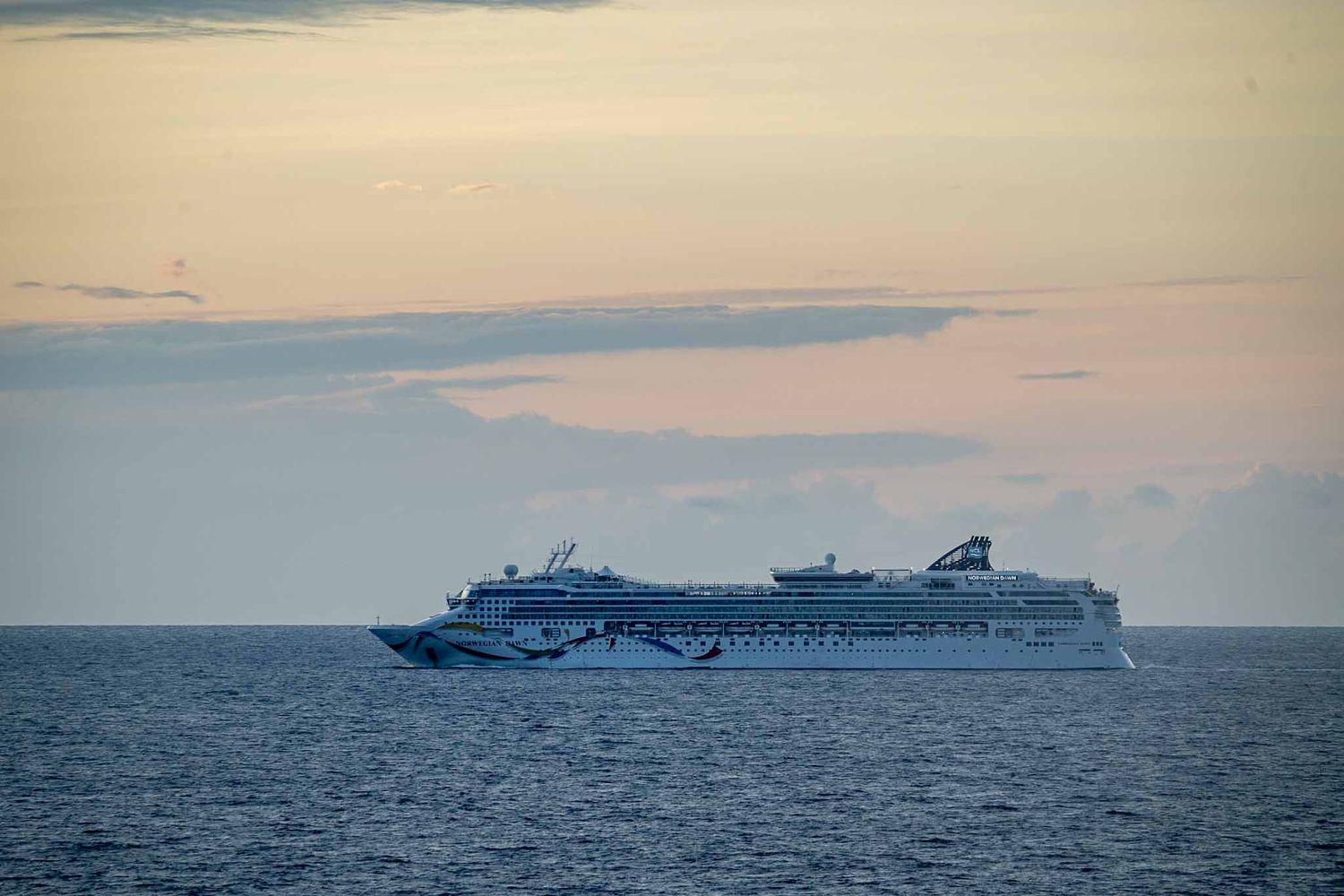 Silhouettes of cruise ships on the horizon against a pastel sunset sky over calm ocean waters.