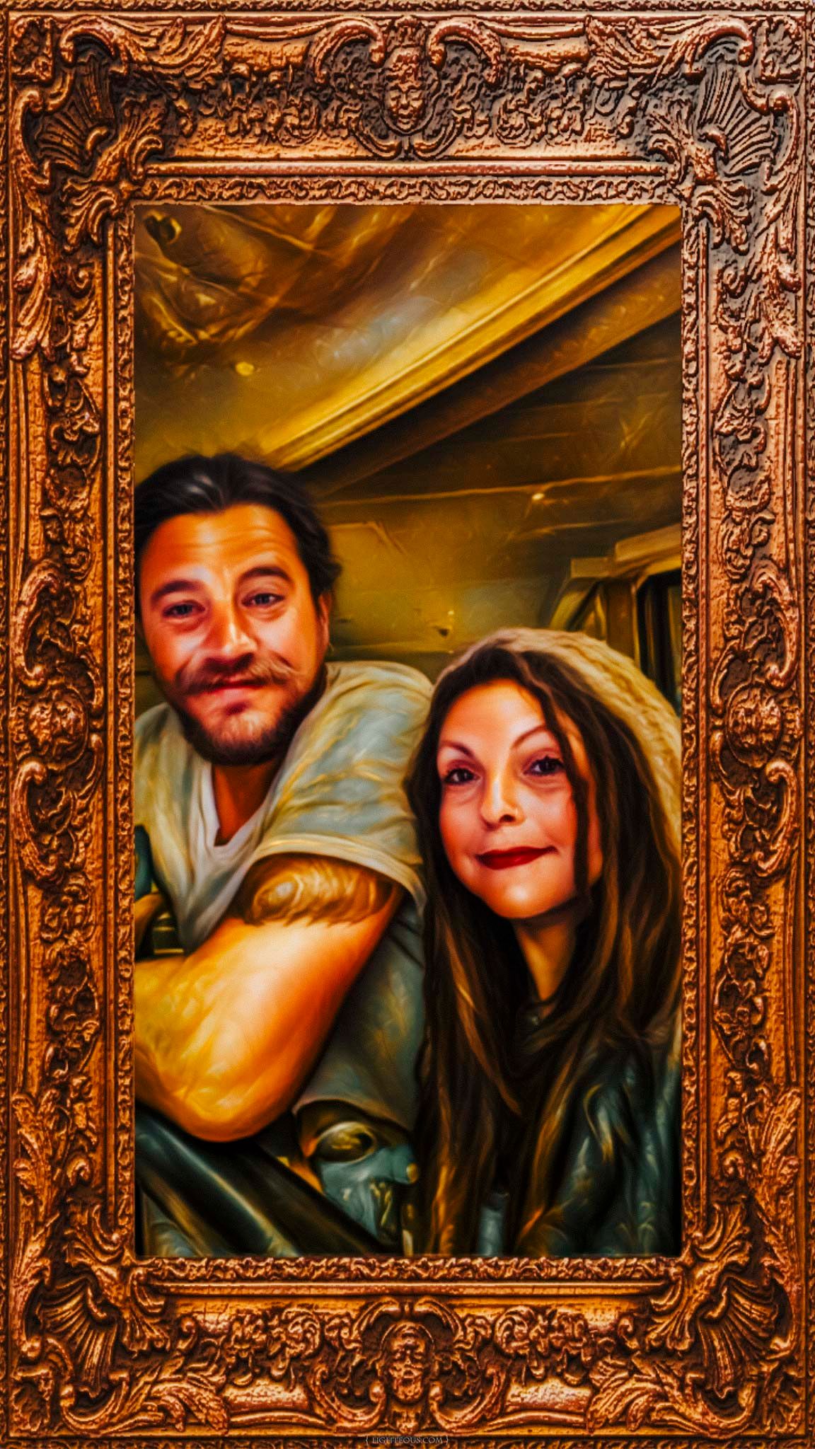 Realistic oil painting of a man and woman posing together displayed in an elaborate antique bronze frame.