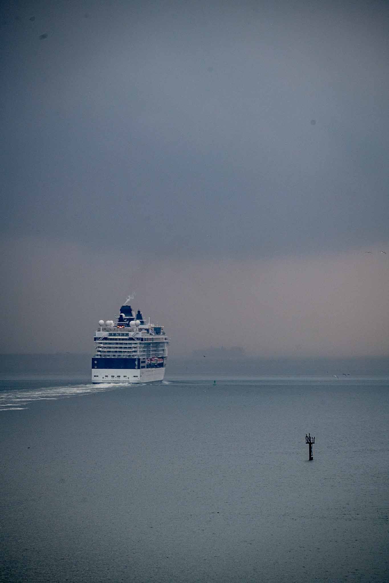 A large cruise ship sails across a misty gray ocean horizon with a navigation marker visible in the foreground.