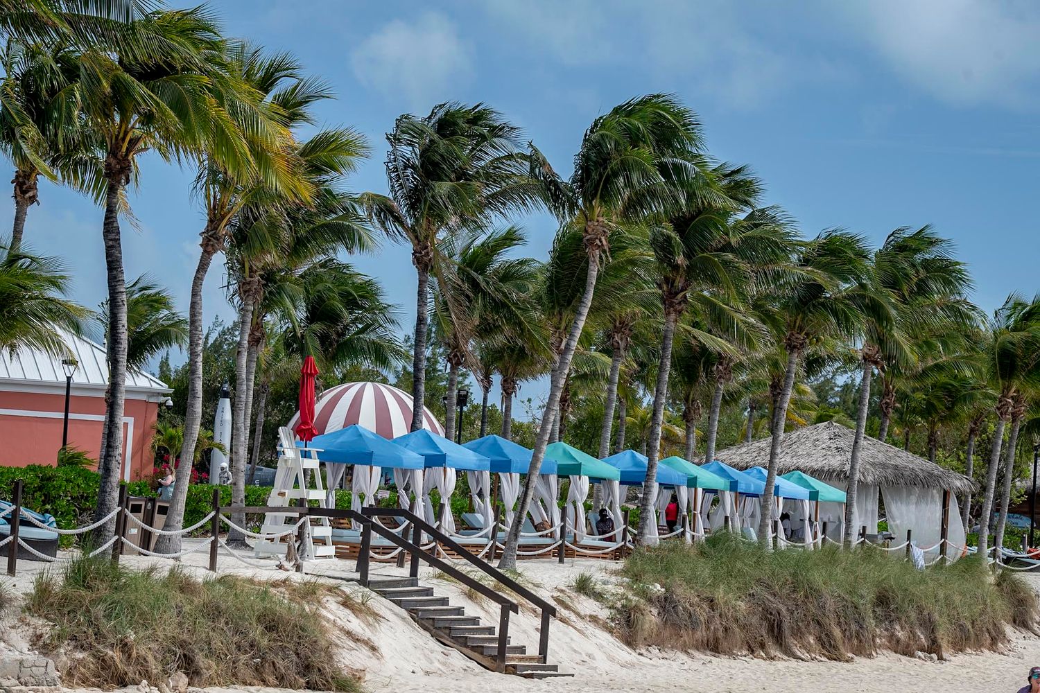 Tropical beach resort with colorful umbrellas, lounge chairs, and palm trees swaying in the breeze on a sunny day.
