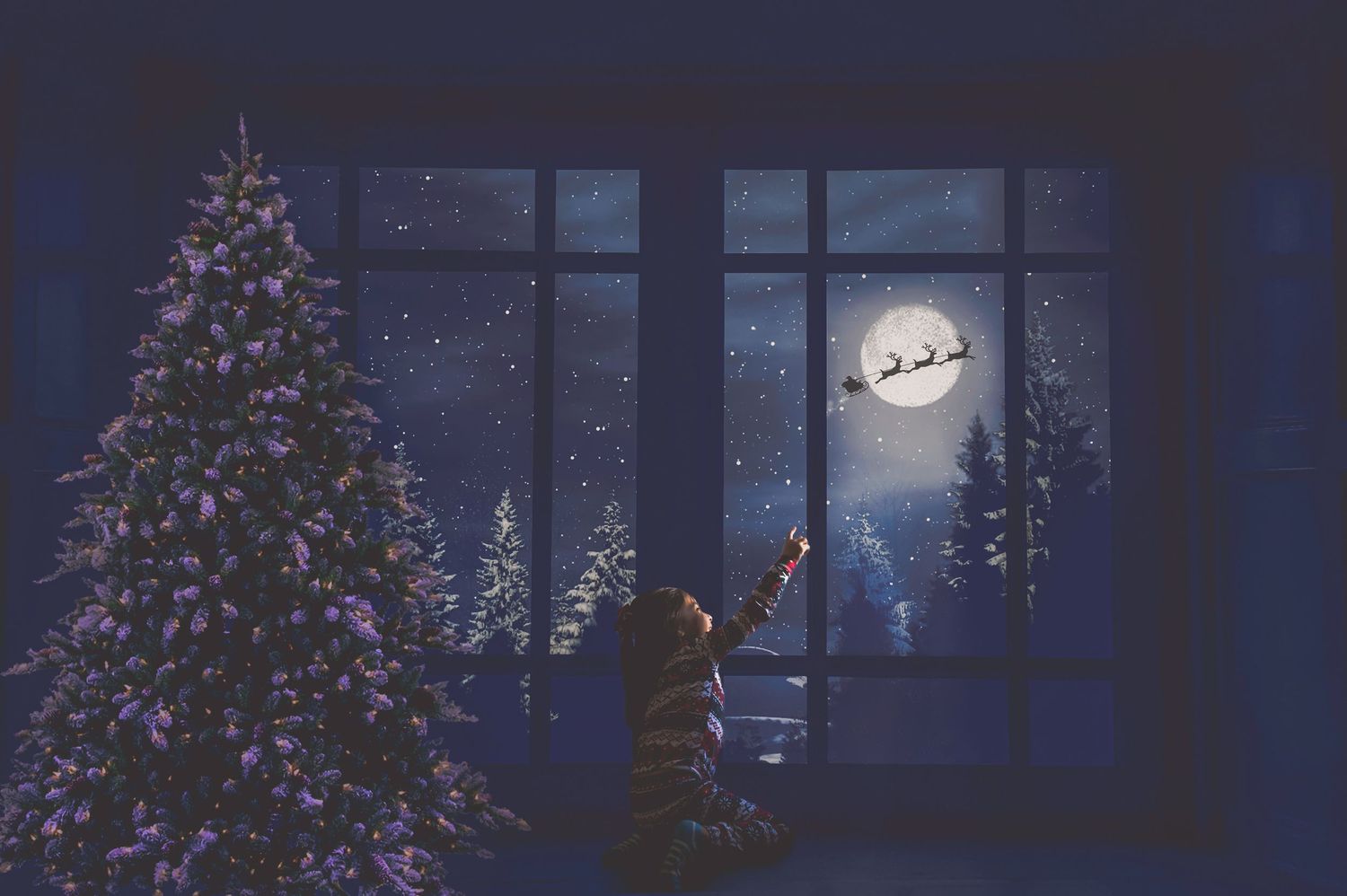 Child pointing at Santa sleigh through snowy window beside decorated Christmas tree at night. mini session family kids