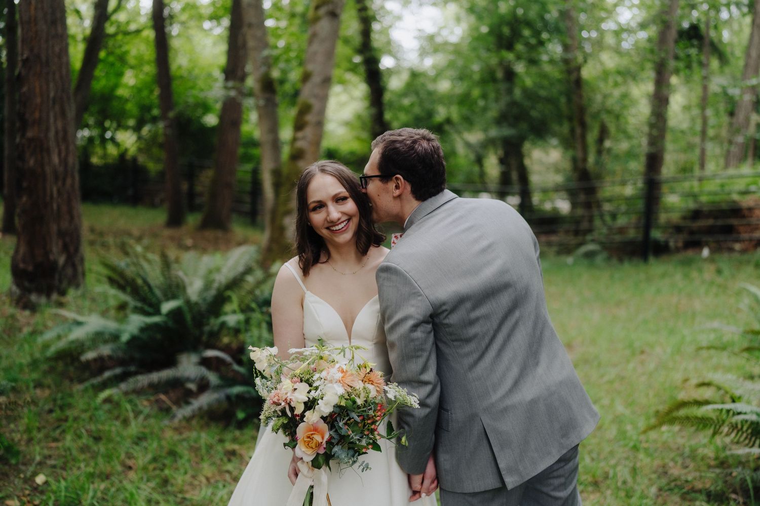 A romantic wedding photo series in a wooded setting with natural greenery and sunlight.