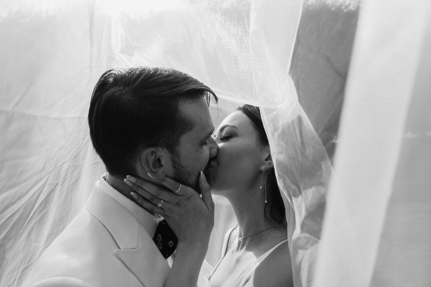 Romantic wedding kiss captured through a flowing white veil.