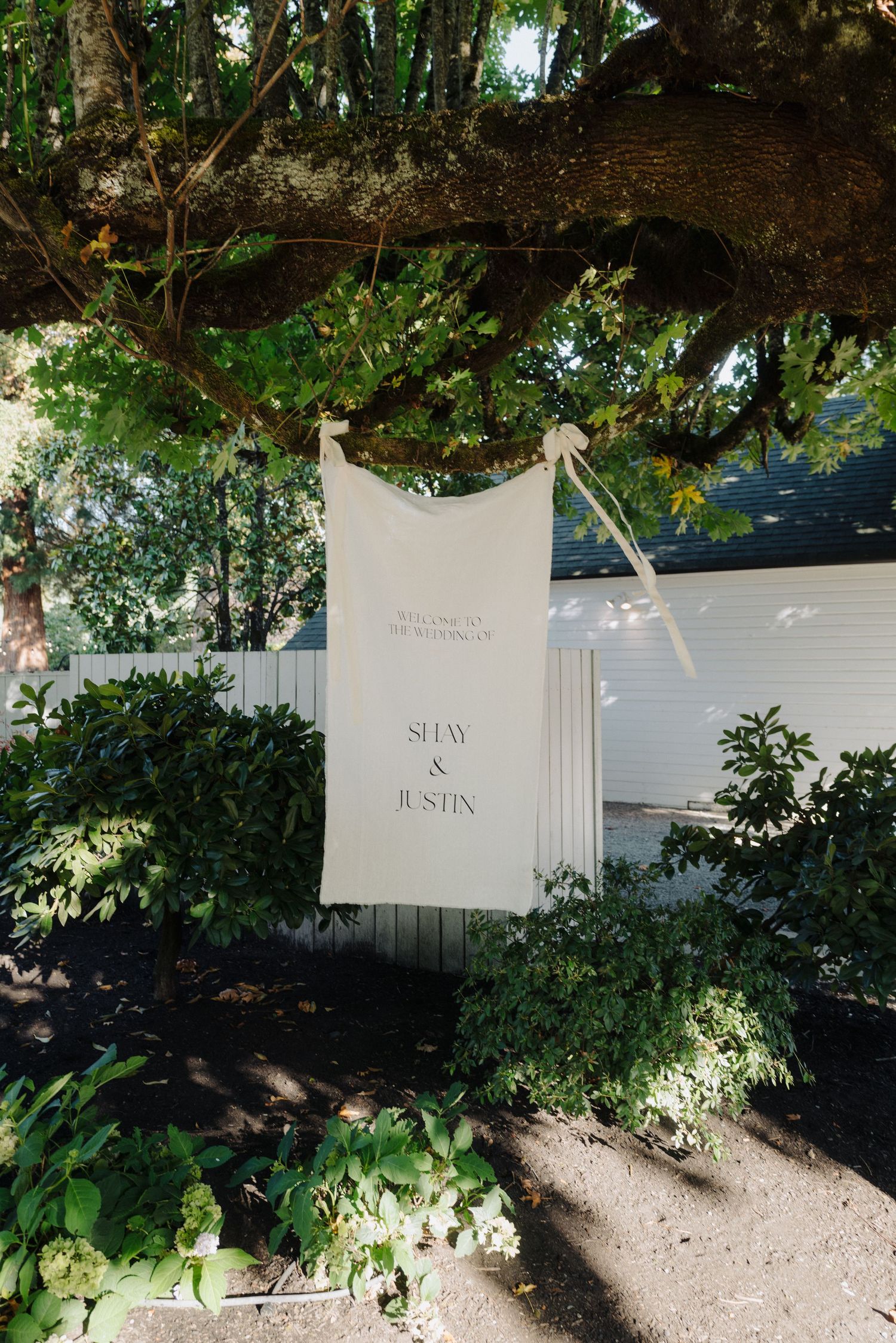White name cards hanging from tree branches create an elegant outdoor seating display.