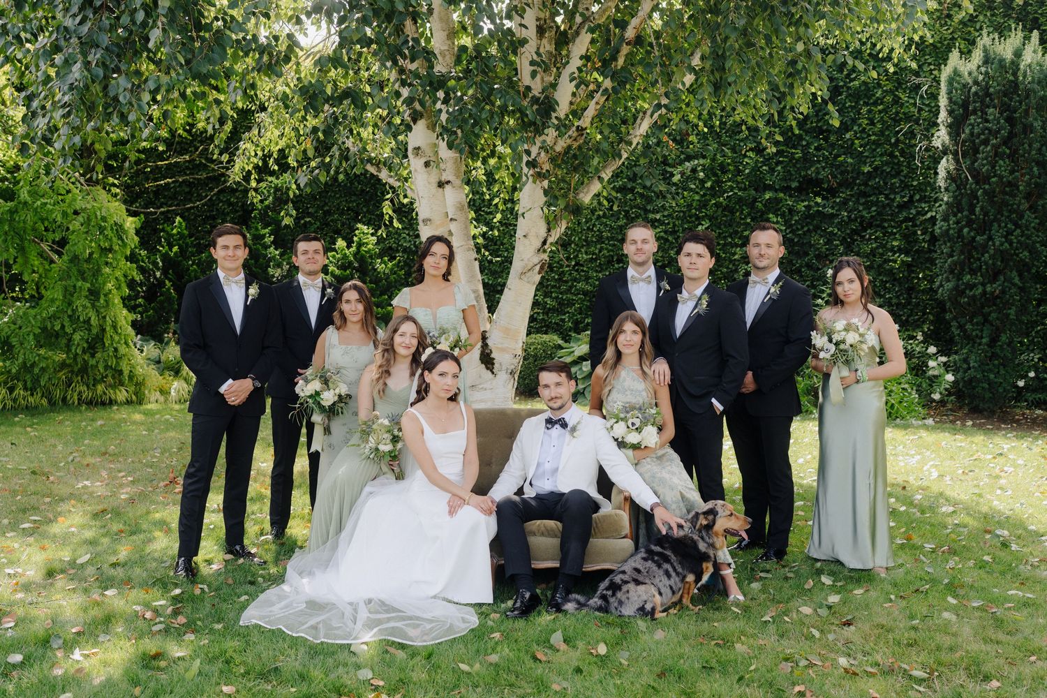 Wedding group photo session with bridal party arranged under a large tree.