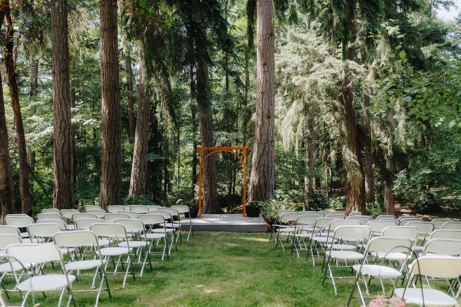 Outdoor forest wedding ceremony setup with white chairs and wooden arch among tall evergreen trees.