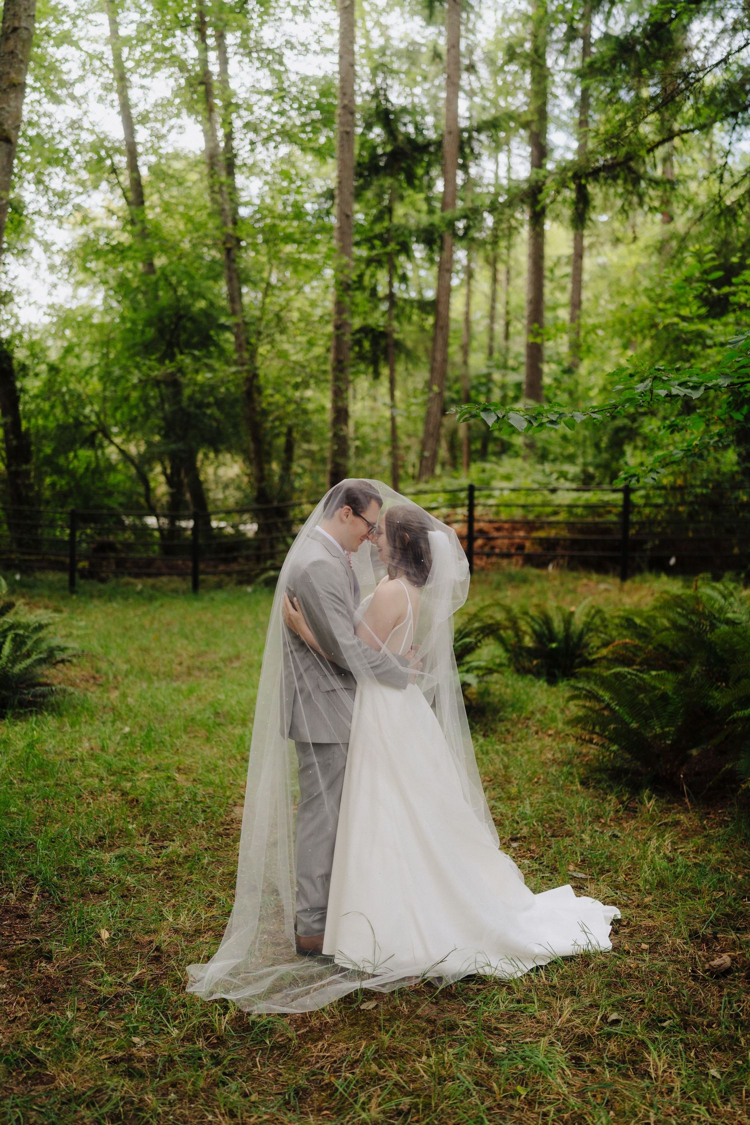 A collection of wedding portraits in a serene forest setting with lush greenery and natural light.