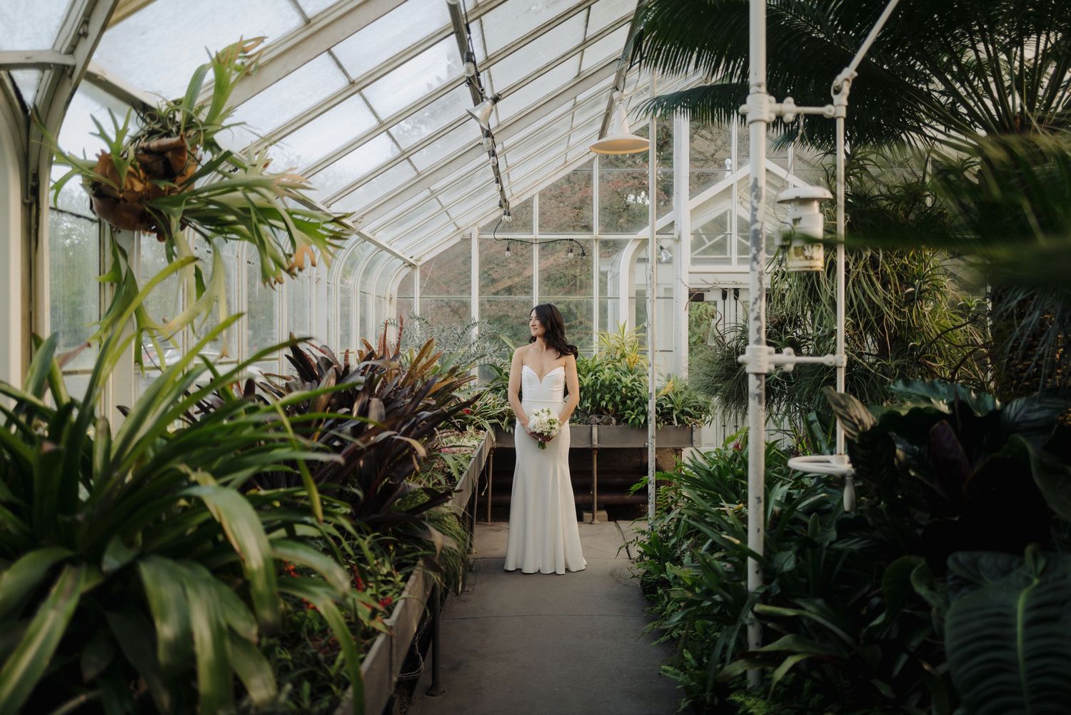 A person in a white dress walks through a sunlit greenhouse filled with tropical plants.