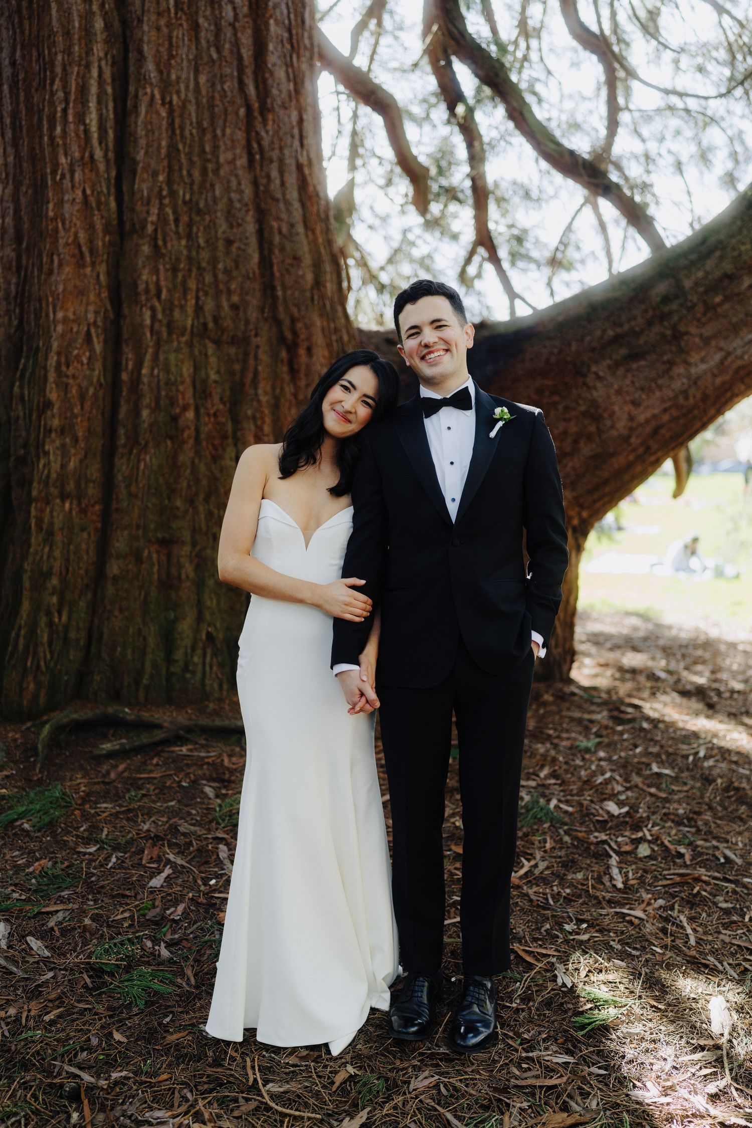 A wedding couple poses together under a majestic redwood tree on their special day.