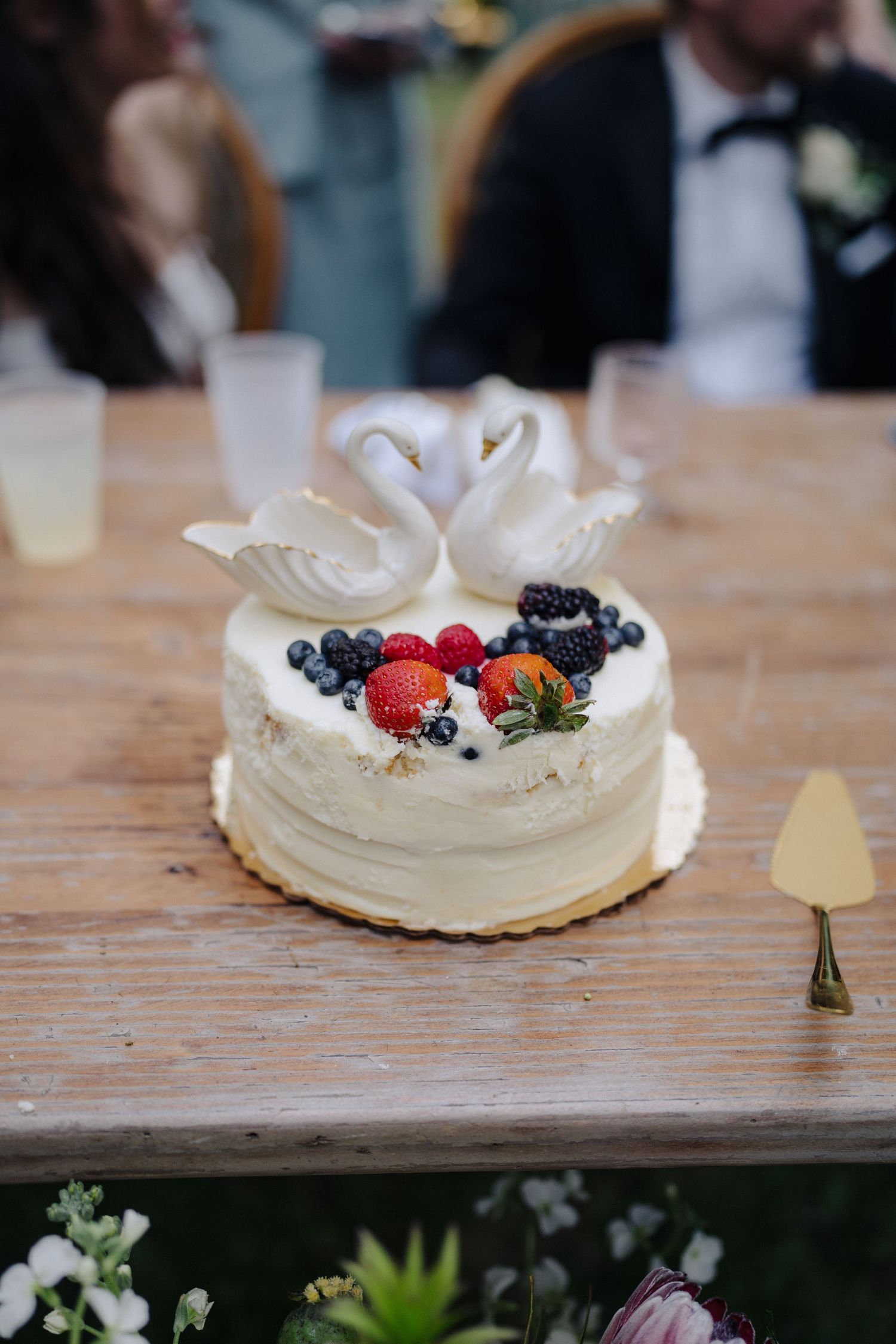 White pavlova dessert decorated with fresh berries and cream on a wooden surface.