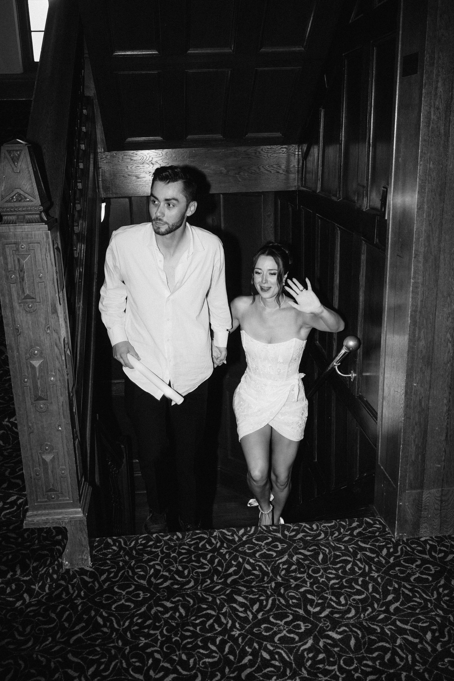 Black and white photos show couples dancing in formal attire at an indoor venue.