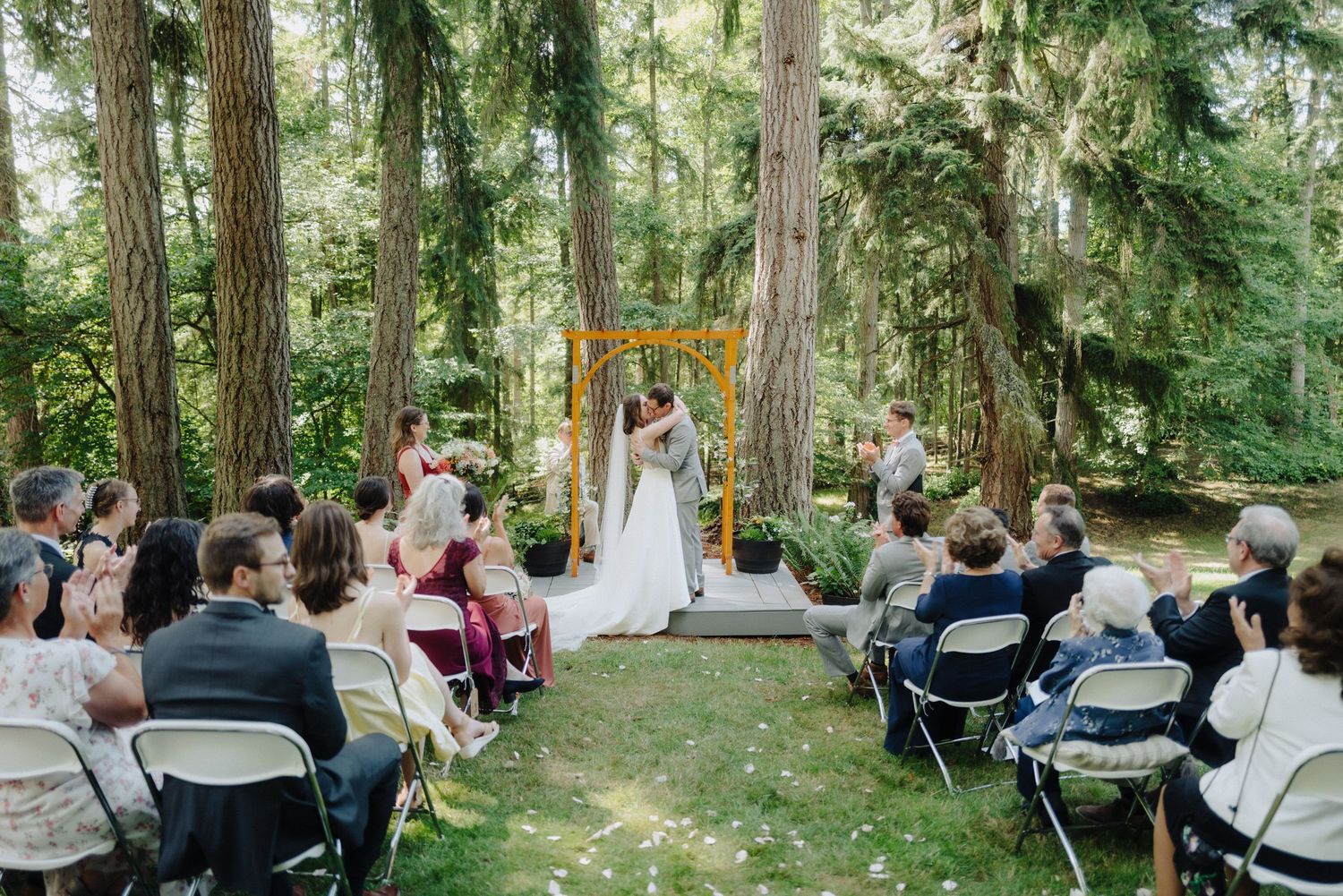Wedding guests gather on wooden benches in a serene forest setting surrounded by towering evergreen trees.