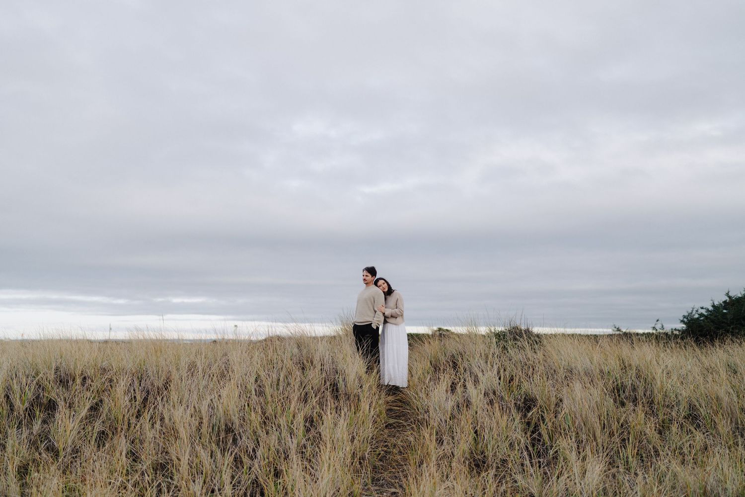 Couple embracing in tall golden grass field under cloudy sky, romantic outdoor wedding portrait.