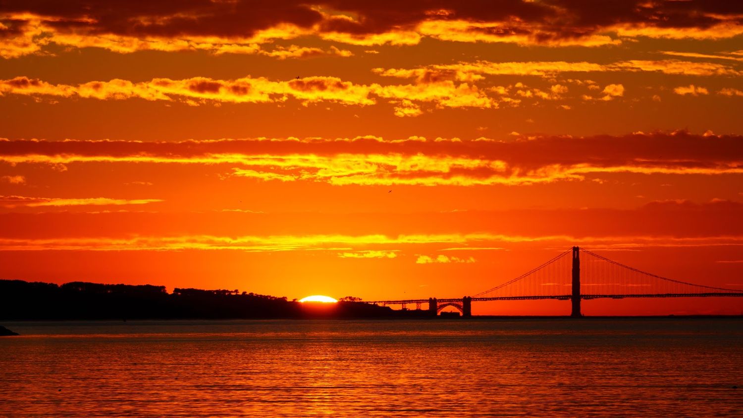 Dramatic orange and red sunset over San Francisco Bay with Golden Gate Bridge silhouette.