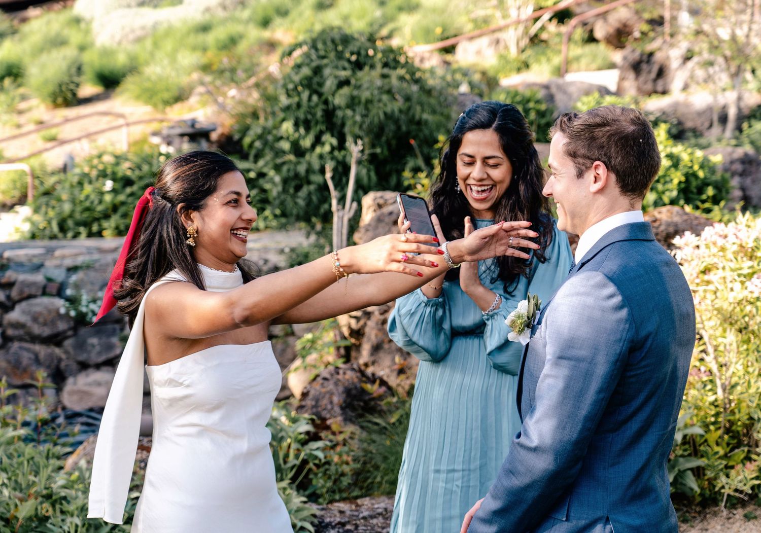 Candid wedding moments captured in sequence showing natural interactions in garden setting.