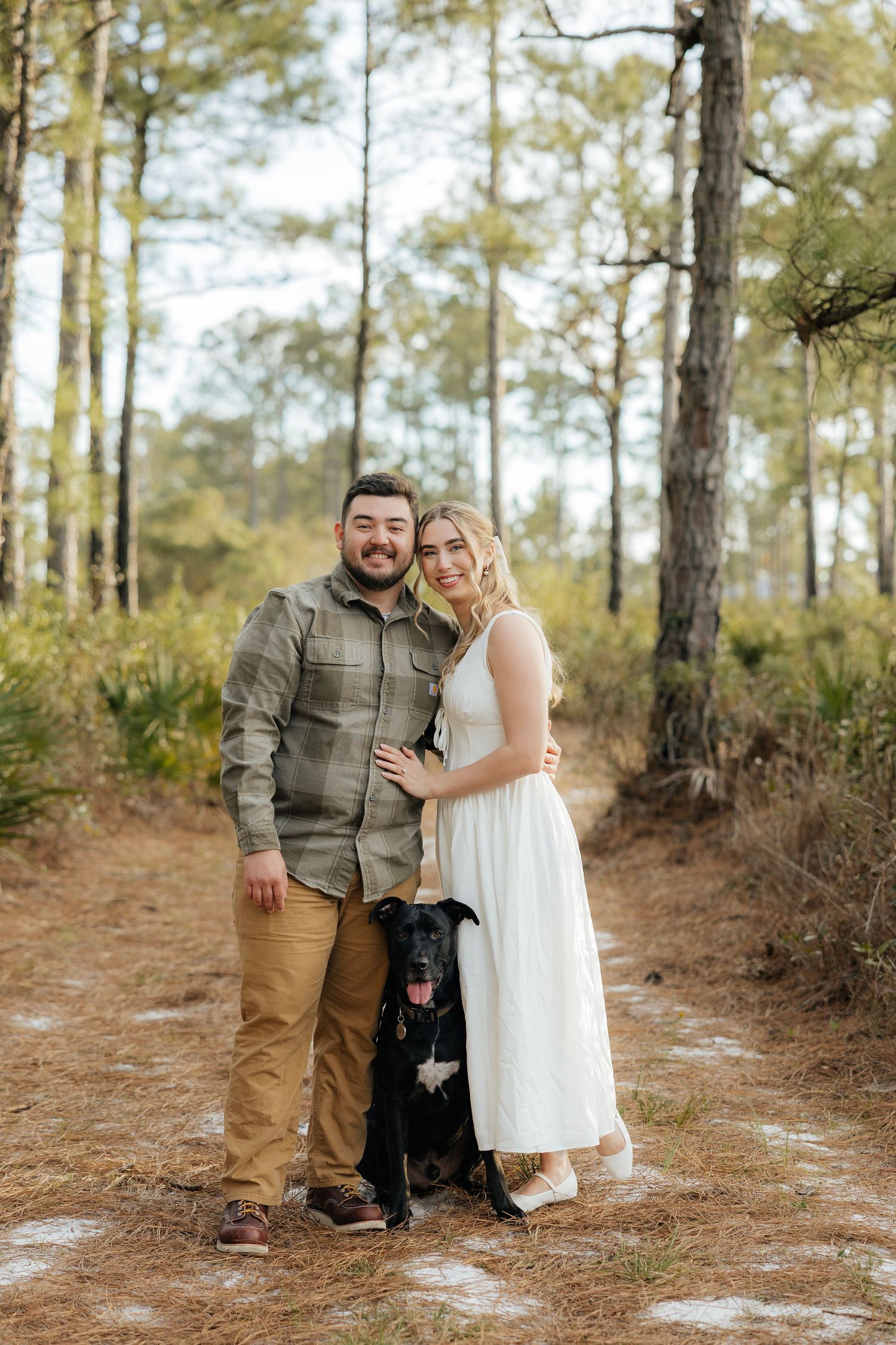Smiling couple posing with their black dog on a sandy pine forest trail, he in a green flannel shirt and she in a white sundress.