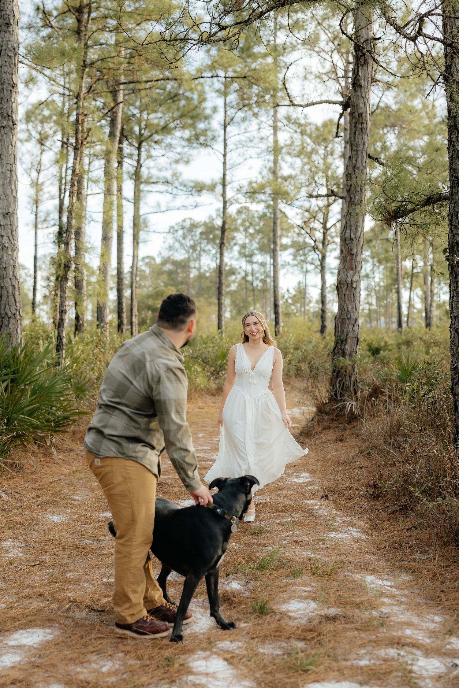 Woman in a white dress smiles on a sandy forest trail as a man in a green shirt plays with a black dog among tall pine trees.