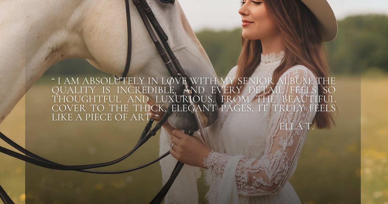 Woman in white dress posing with white horse, featuring an elegant senior photography quote about quality and artistry.