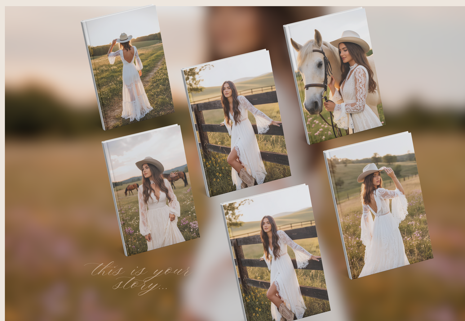 A young woman in a white dress and hat poses in a field with a horse and wooden fence in multiple photo collage.