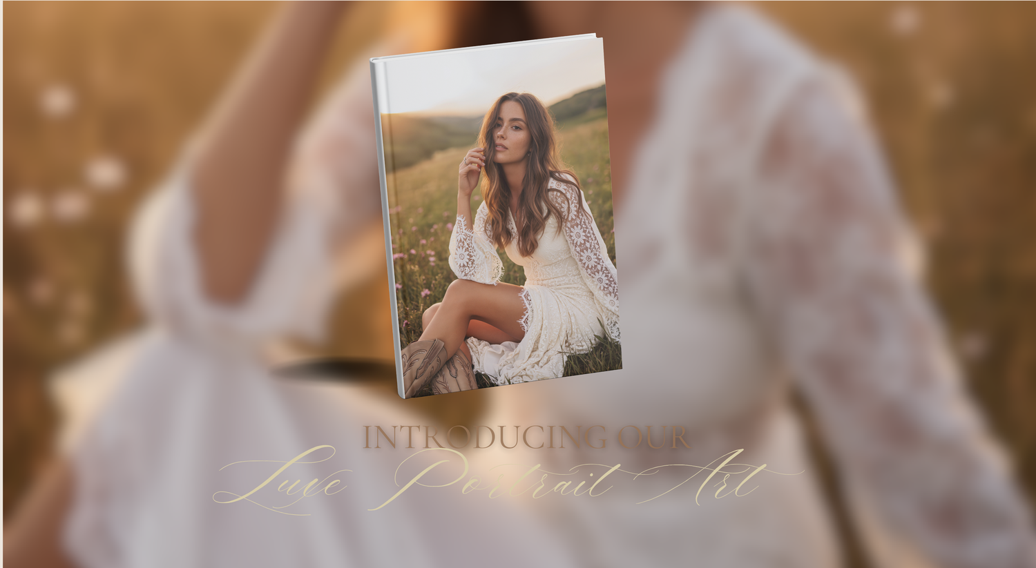 A woman in a white lace dress sits in a golden field, featured on a photography portfolio book cover.