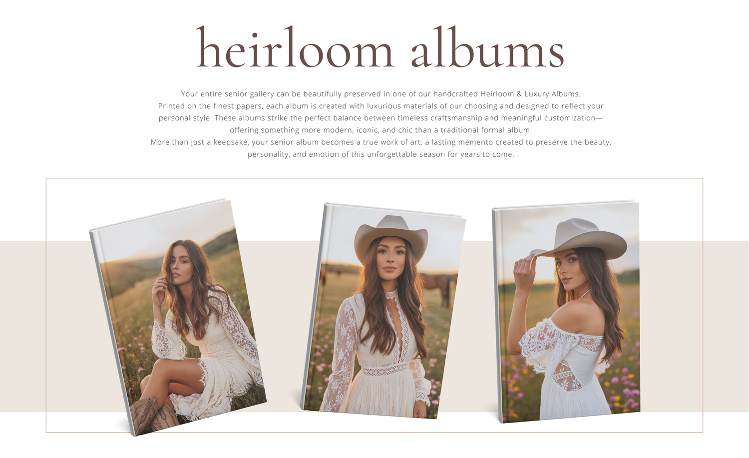 A young woman in a white lace dress and wide-brim hat poses gracefully in a golden field for a heirloom album photo.