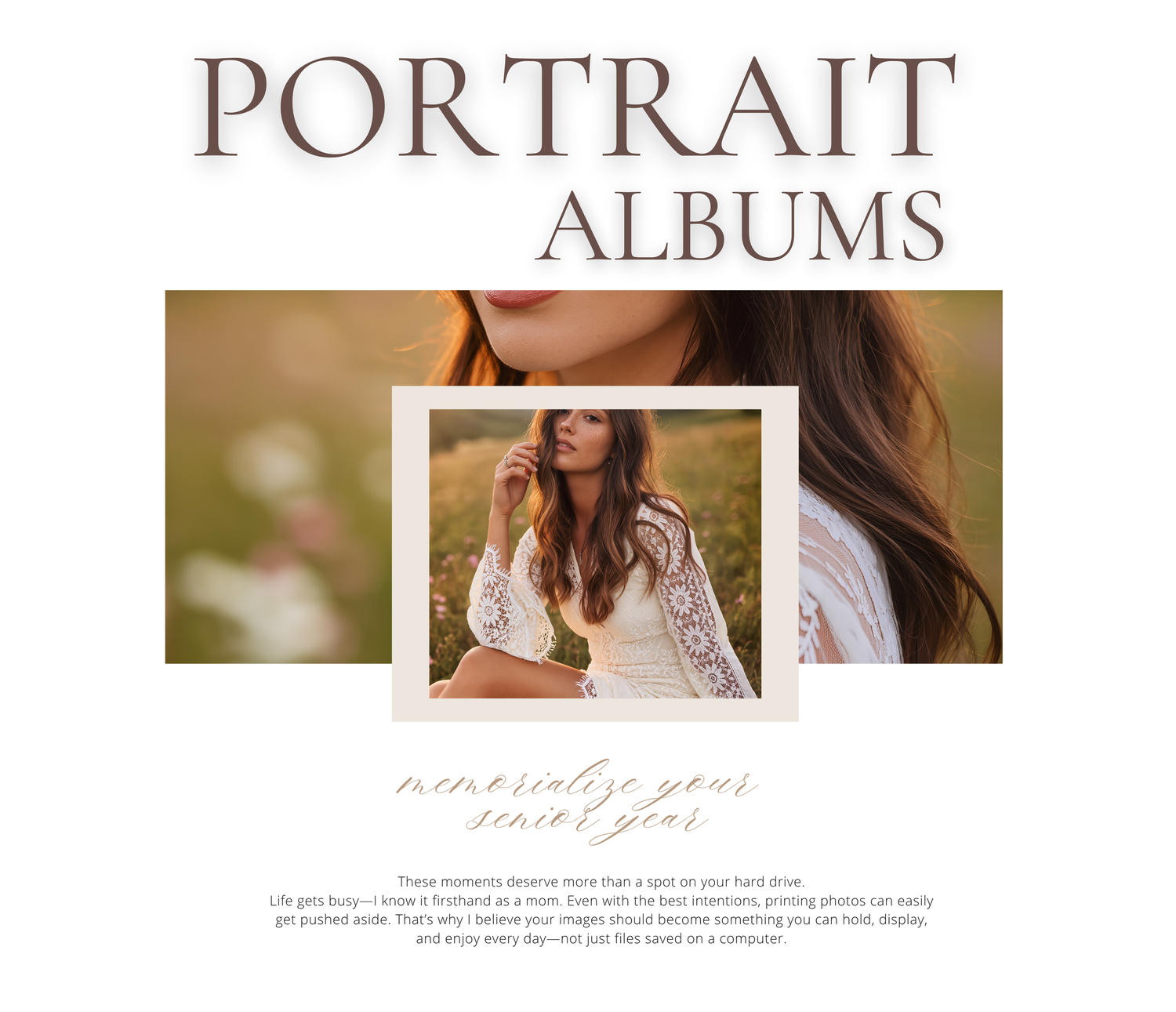 Portrait Albums promotional graphic featuring a woman in a white lace dress posing outdoors in a sun-drenched field.