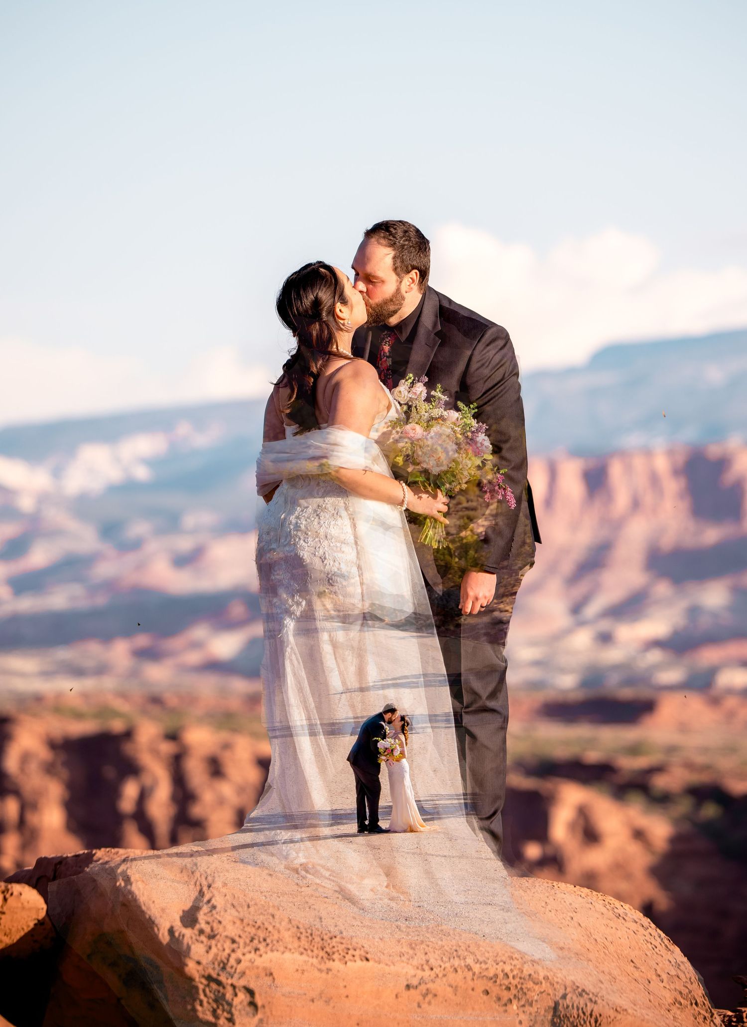 A romantic wedding photo sequence showing a couple sharing a kiss against a stunning desert canyon backdrop.