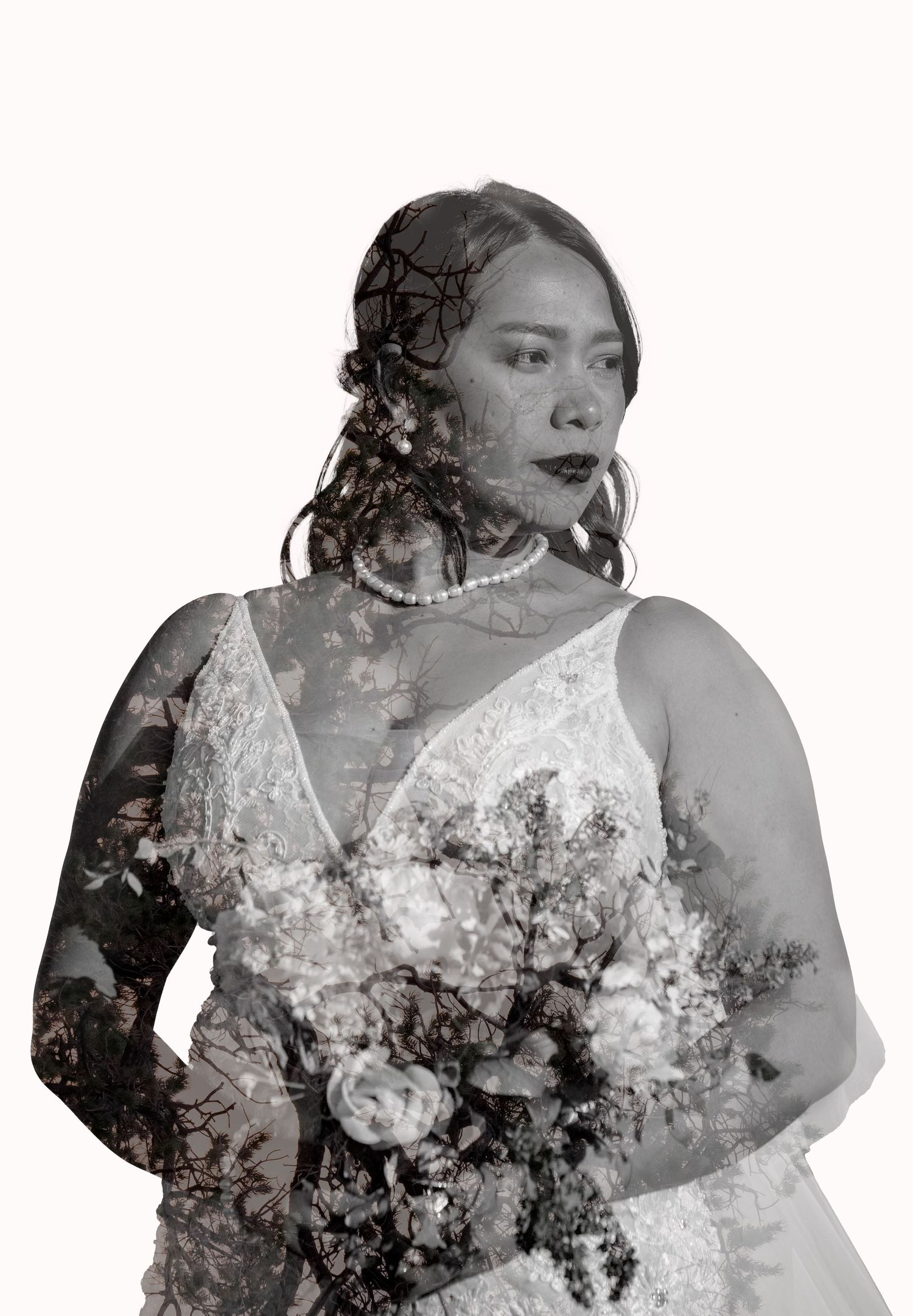 Artistic double exposure portrait of bride in white lace dress.