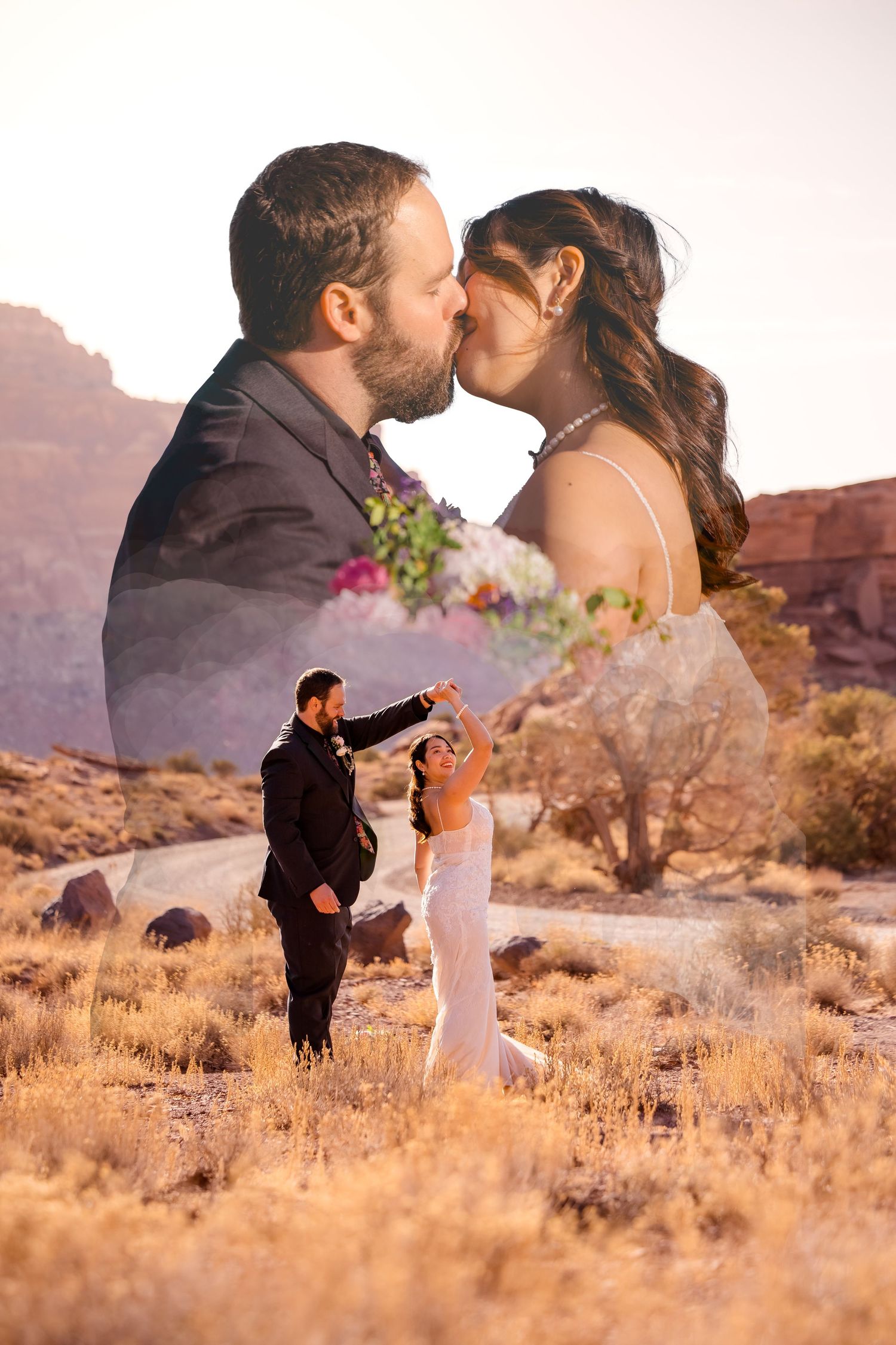 Newlyweds pose for romantic sunset photos in desert landscape with red cliffs.