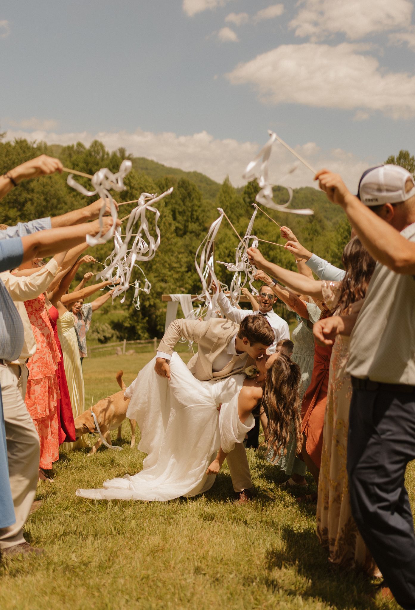 Wedding party celebrating with streamers on a sunny hillside.