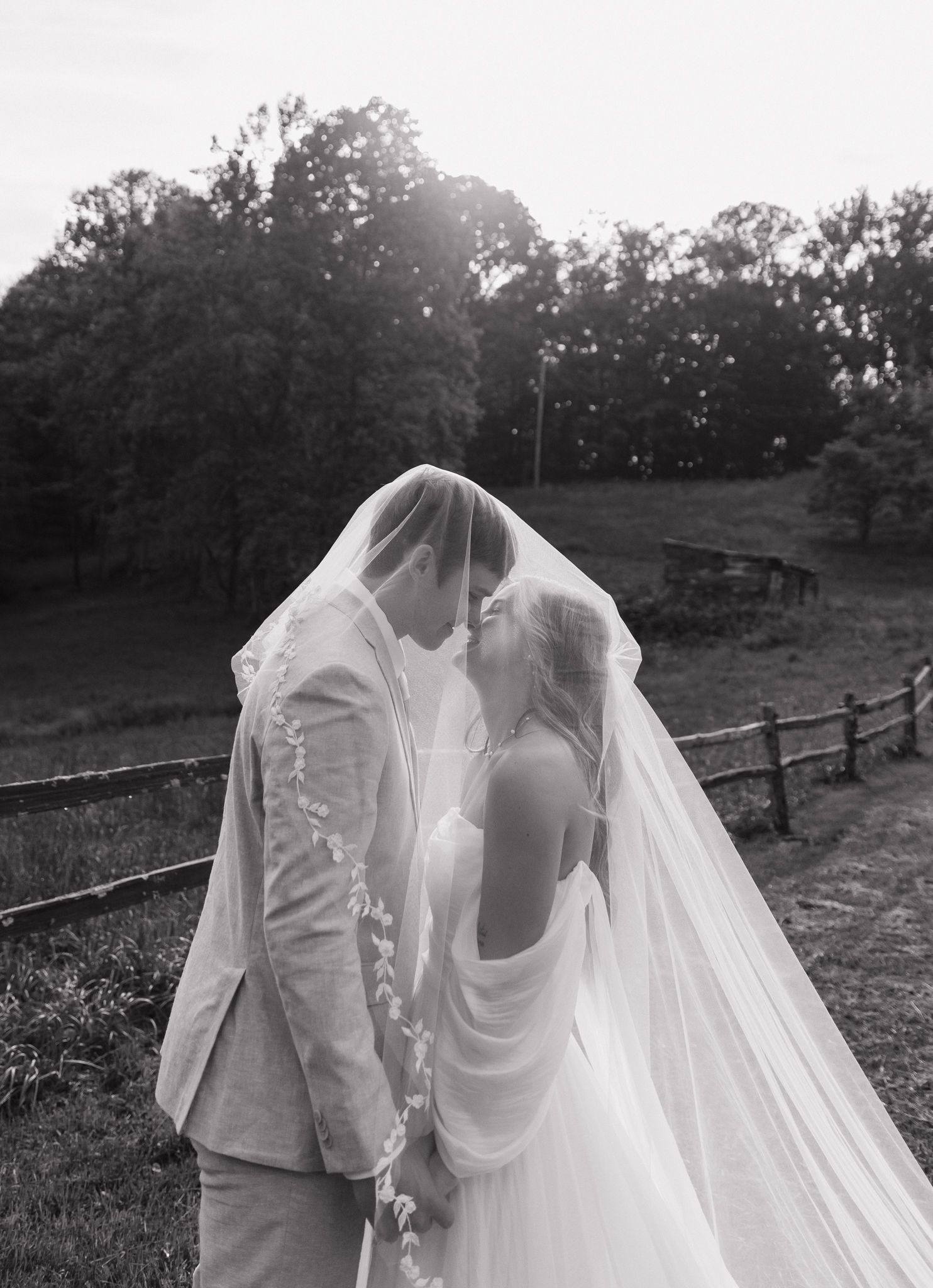 Dramatic black and white photo of wedding couple beneath flowing veil on hillside.