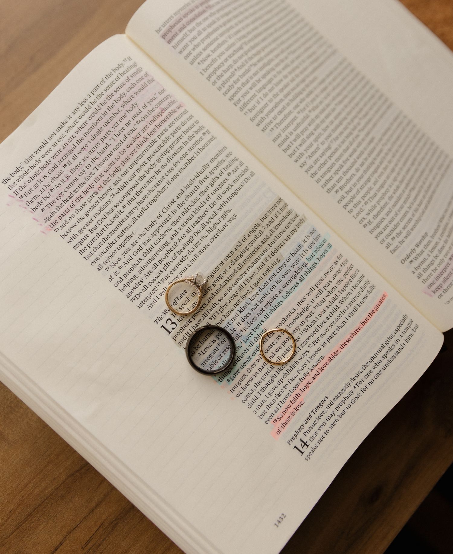 Wedding rings arranged on an open book page with highlighted text.