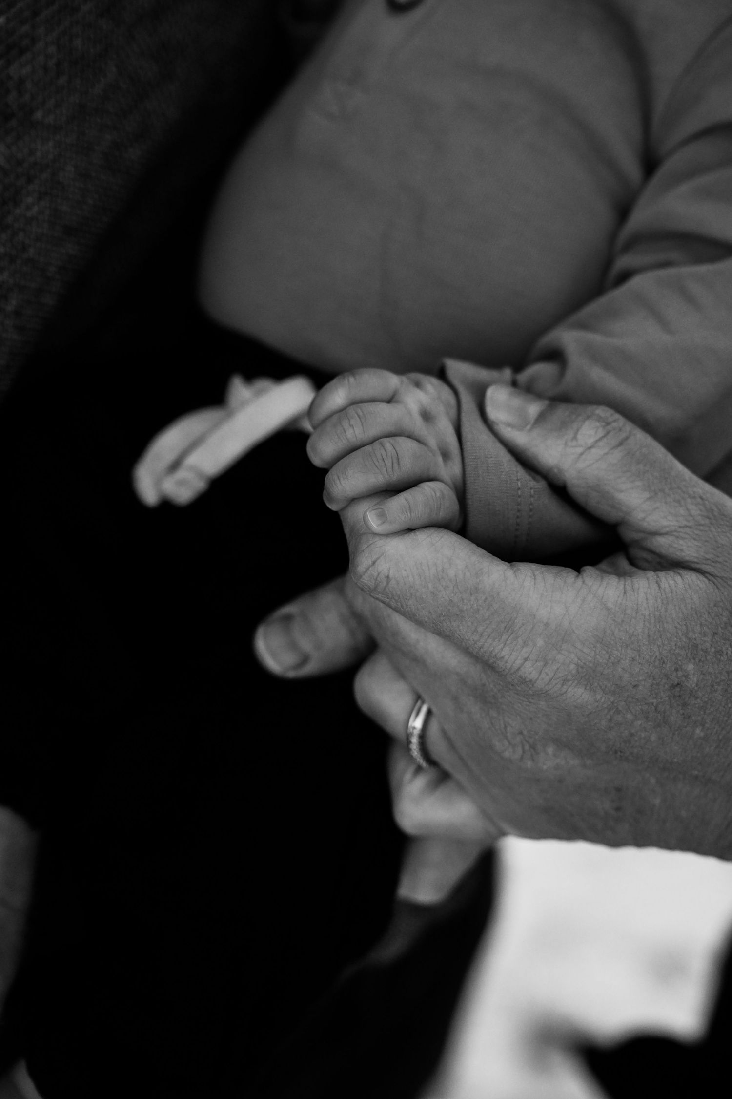 Black and white photo of a newborn baby's tiny hand grasping an adult's finger, symbolizing new life and family bond.