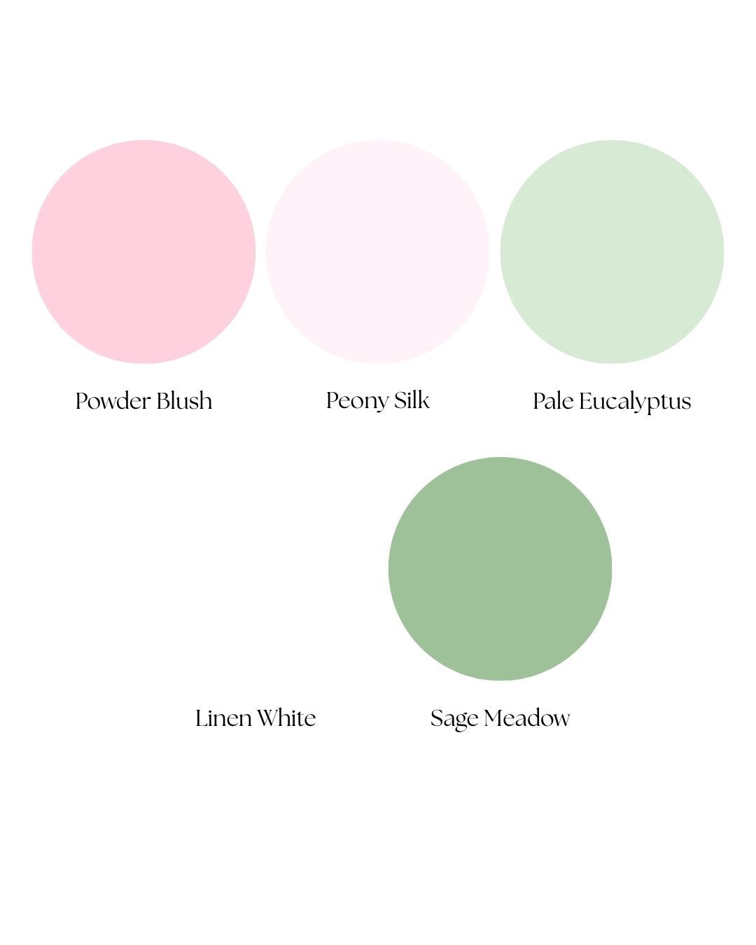 Soft pastel color palette featuring powder blush pink, peony silk, pale eucalyptus, linen white and sage meadow.