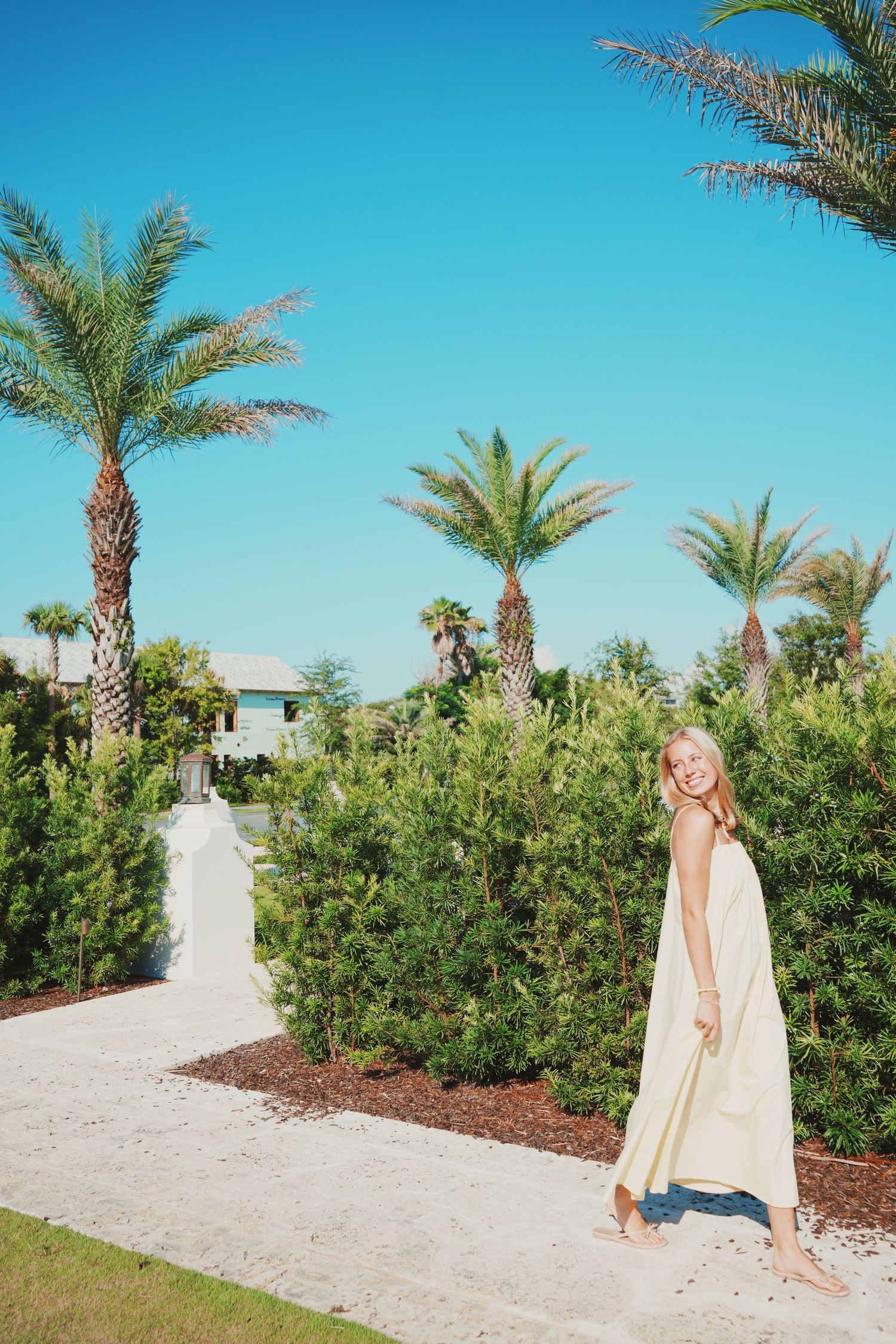 A sandy pathway lined with palm trees and green shrubs leads to a house under bright blue sky.
