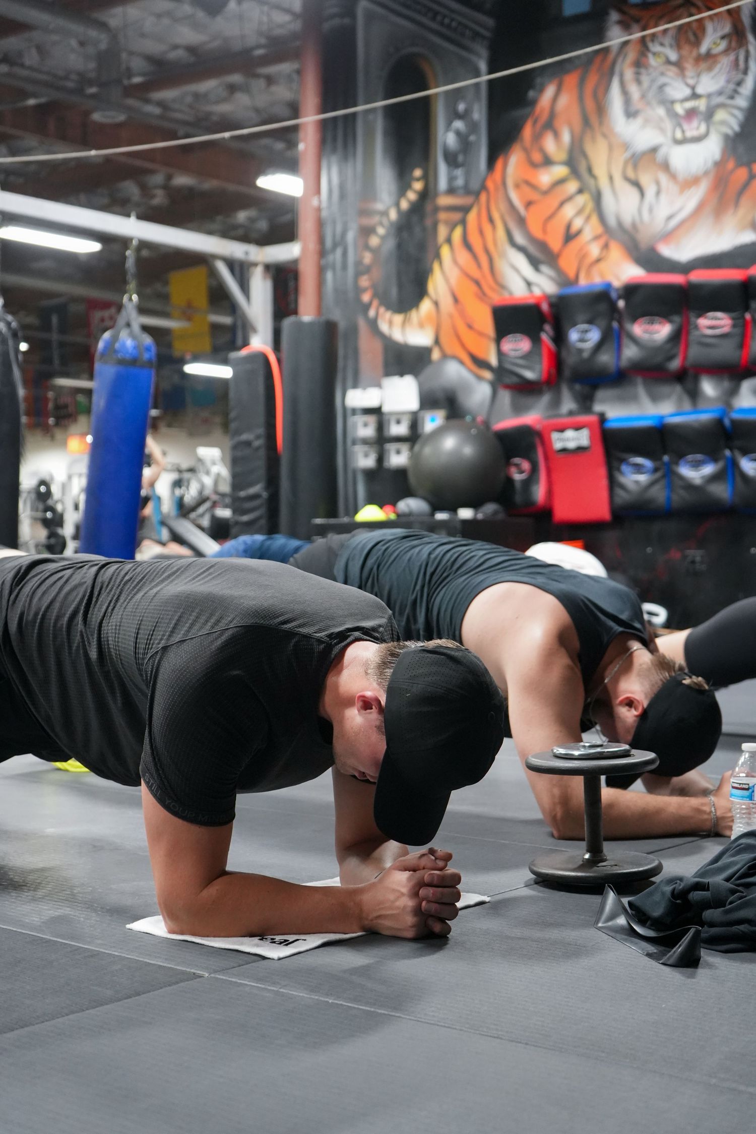 Person performing plank exercise progression on gym floor with tiger mural in background.
