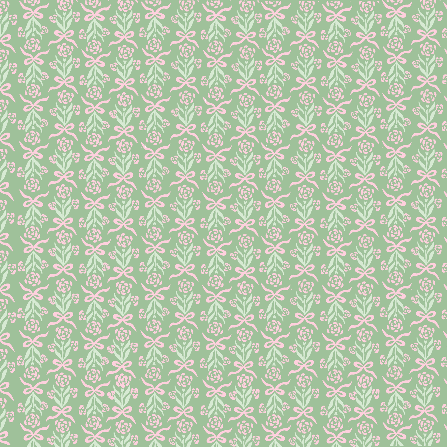 Repeating floral pattern with small pink flowers and mint green leaves arranged in a vintage wallpaper style.