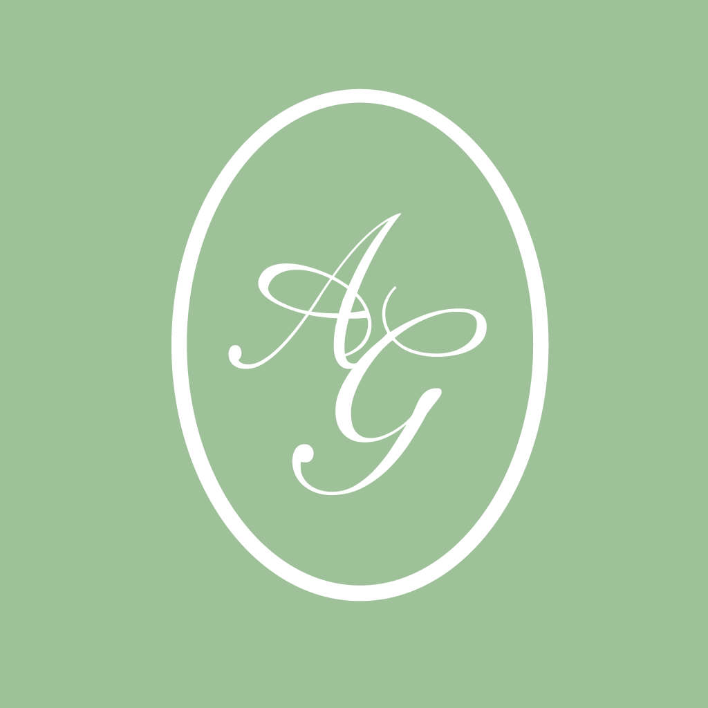 Five circular logo designs in white against a mint green background feature elegant cursive letter designs.
