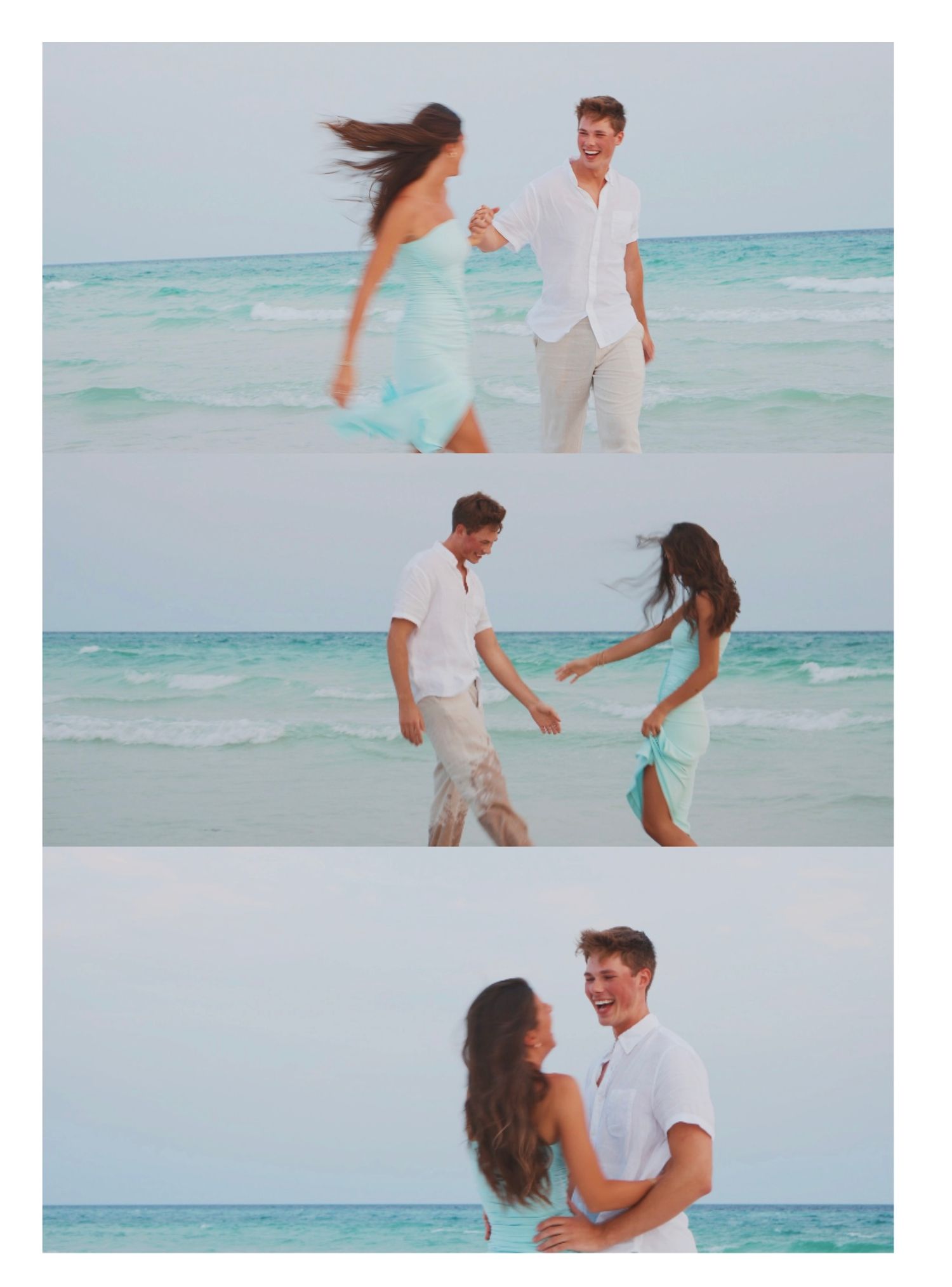 Couple plays and dances on a white sandy beach with turquoise ocean waves rolling in the background.