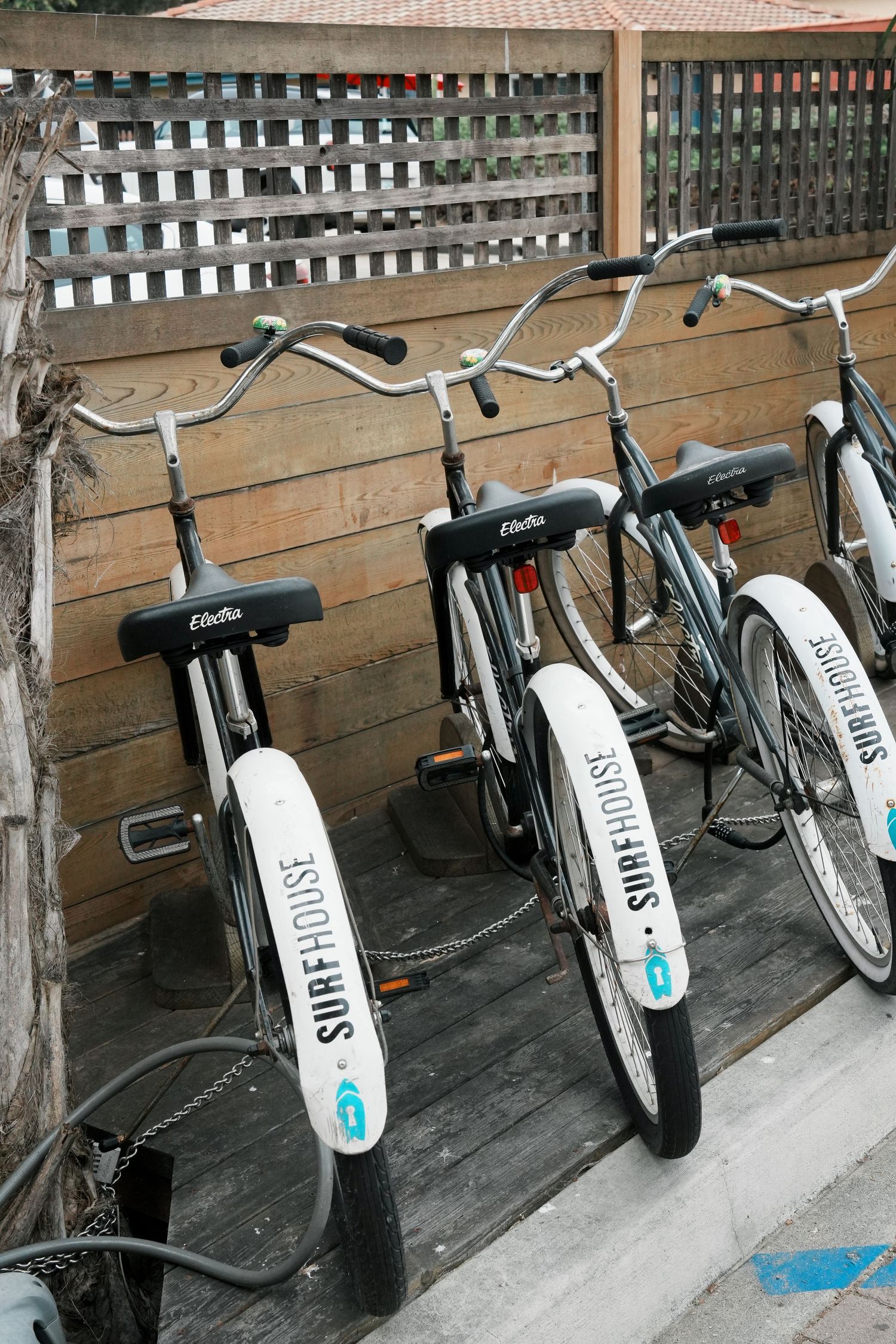 Three white rental bikes with 'Swift' branding parked against a wooden fence with lattice detail.