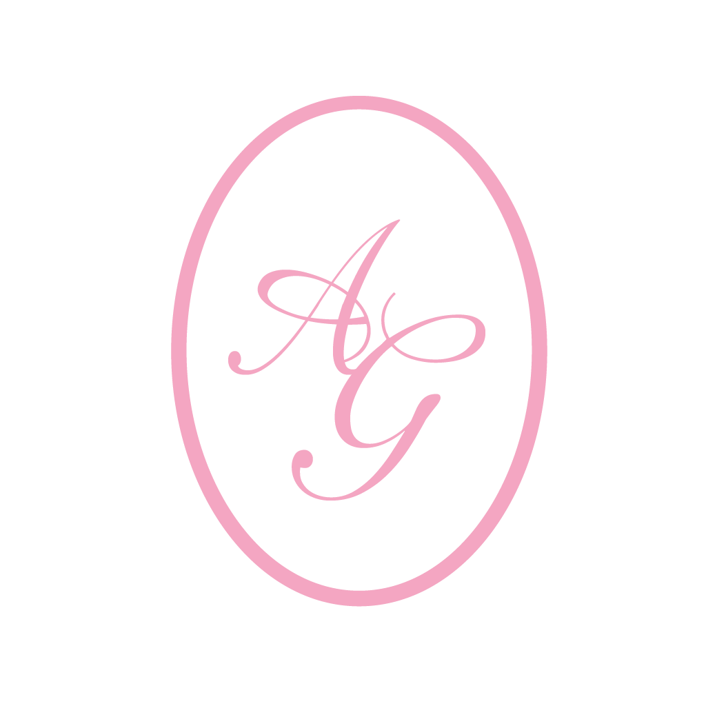 Elegant pink monogram logo with script letters A and G in an oval frame.