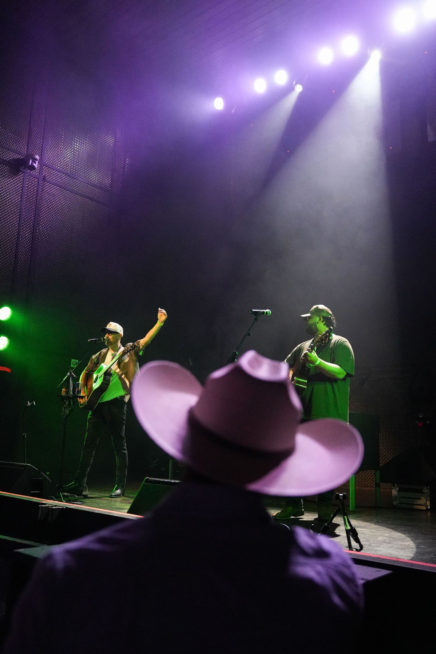 A dramatic concert performance on stage with purple and green lighting effects creating an atmospheric ambiance.