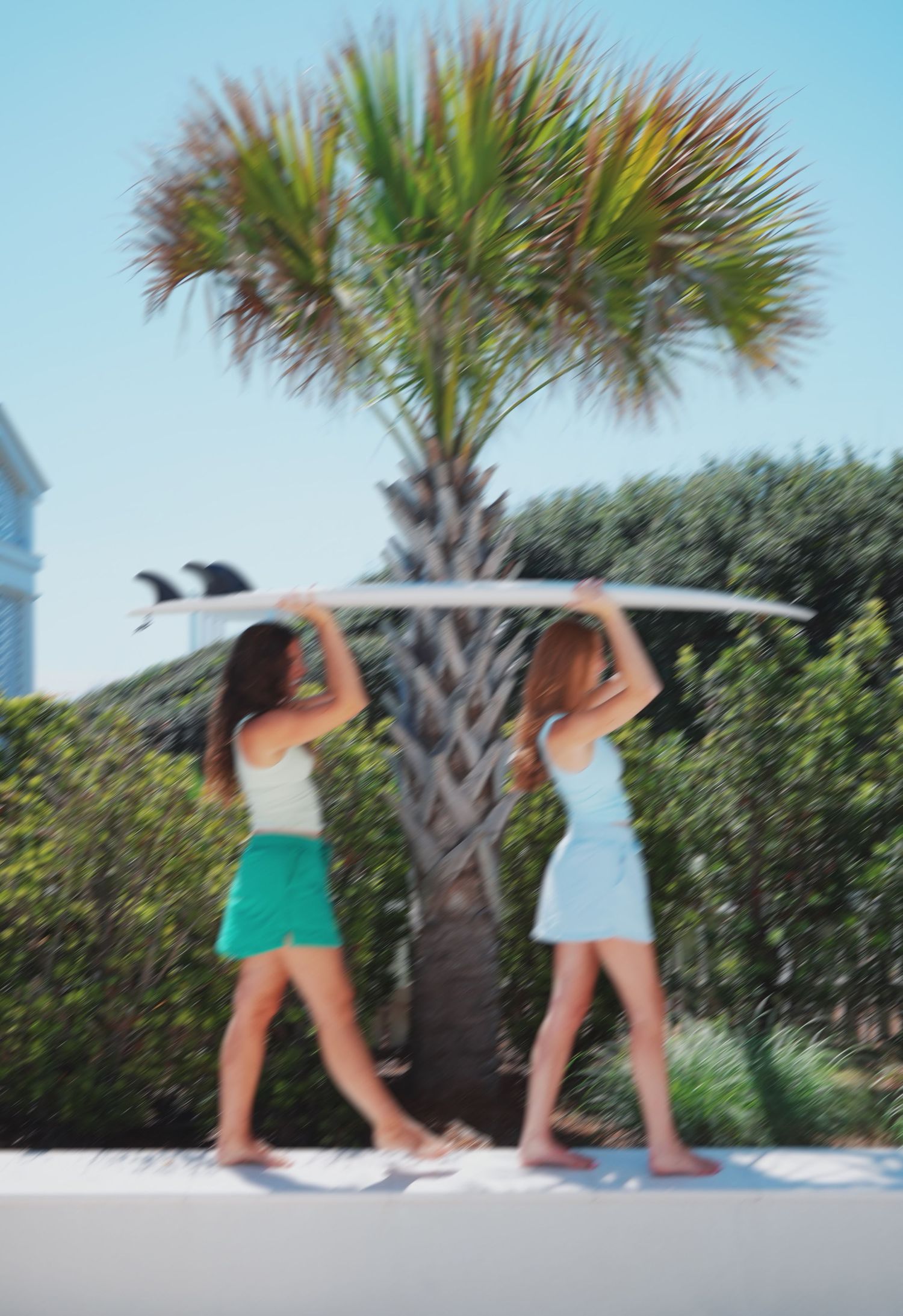 Friends carrying a white surfboard together near palm trees on a bright summer day.