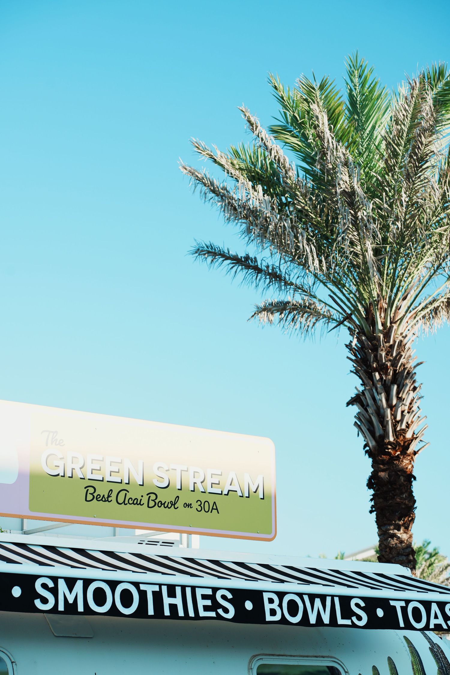 Palm trees frame a storefront sign for a smoothie and bowl restaurant against a bright blue sky.