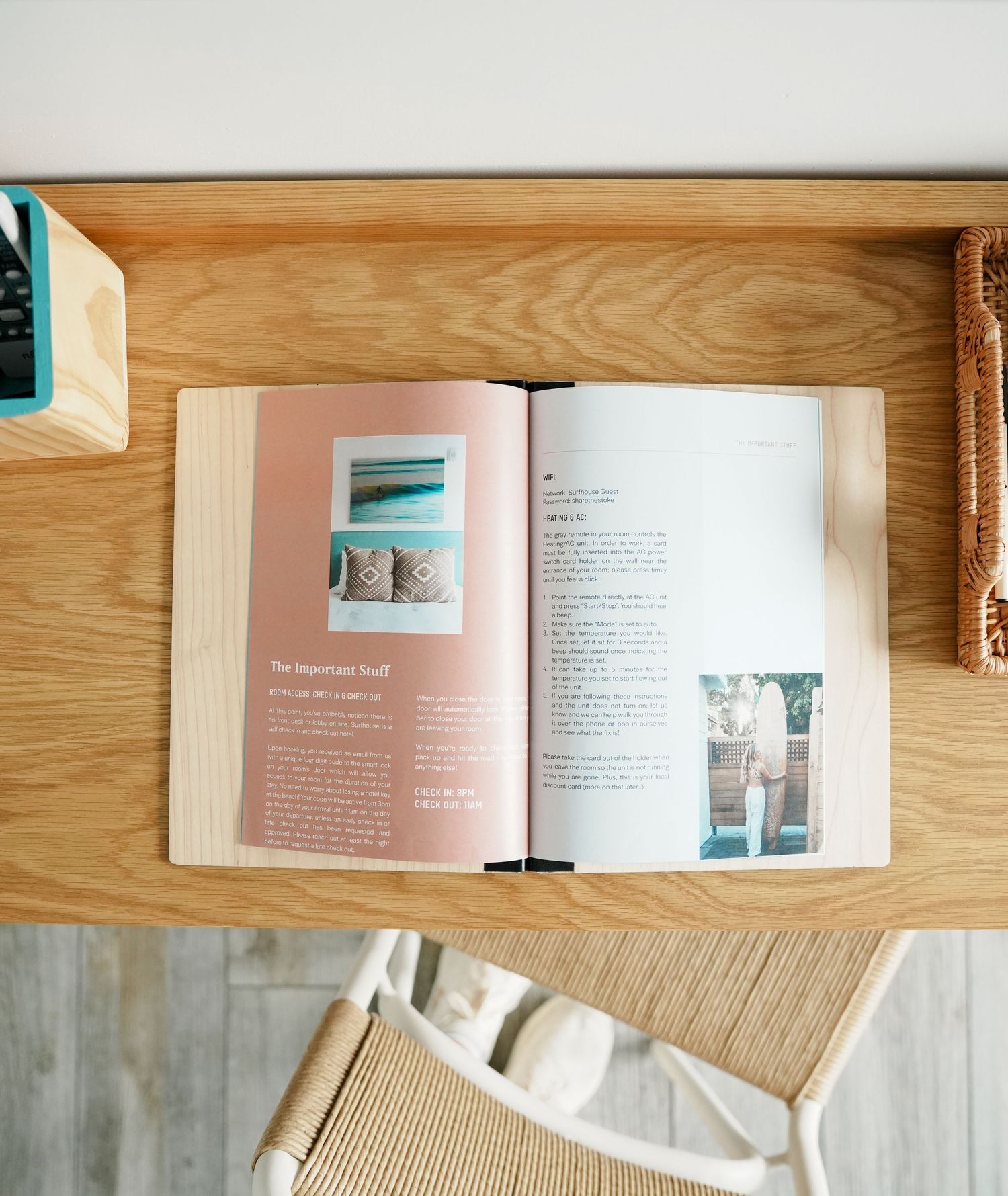 An open book with pink pages lies on a wooden surface, photographed from three different angles.
