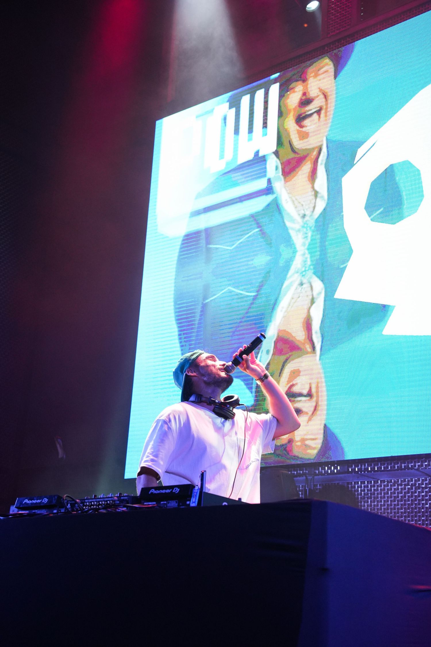 DJ performing on stage with large video screens displaying visuals in purple and blue lighting at an electronic music event.