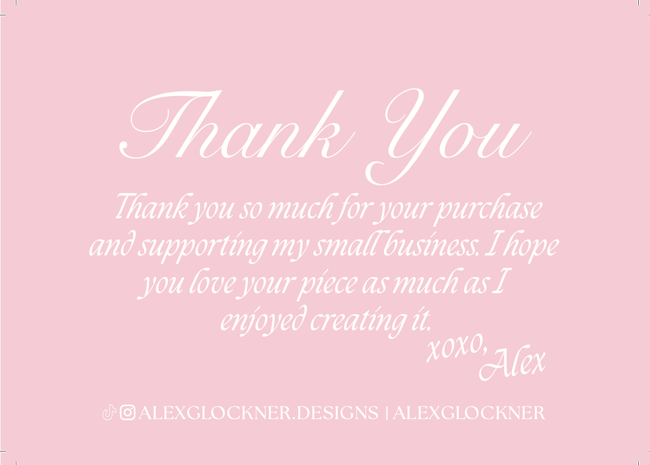 Pink thank you card with white cursive text expressing gratitude for a small business purchase.